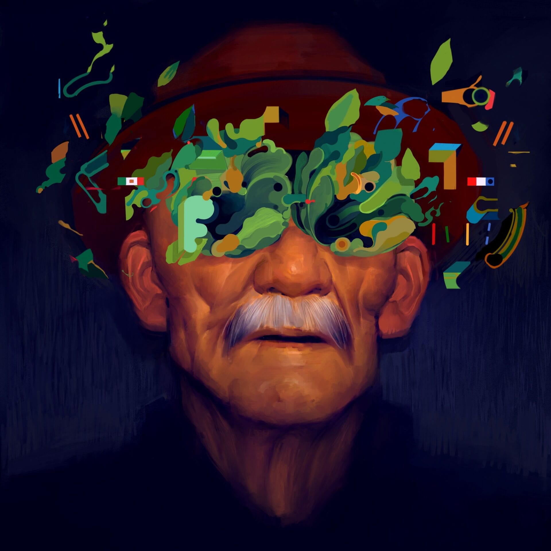 an older man wearing a red hat sprouts cabbage like greens from his eyes
