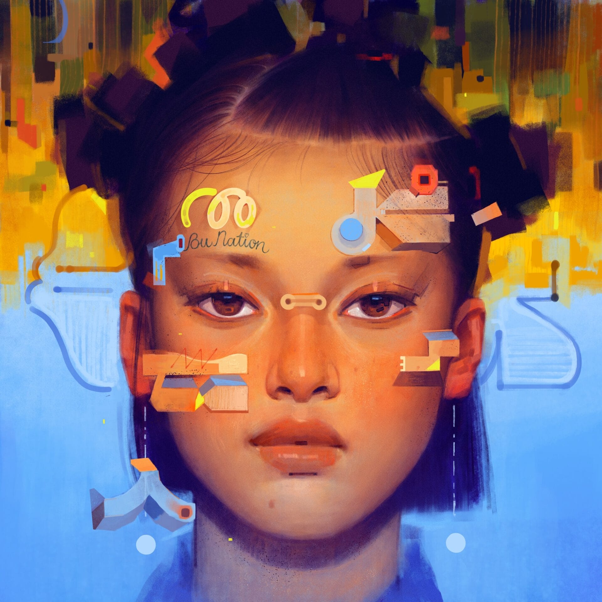 a portrait of a girl with small buns across her head and a range of colorful symbols on her face and surrounding her