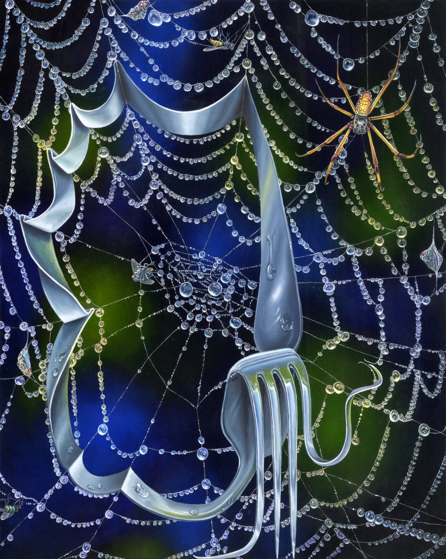 a silver fork bends and twists along a crystal cobweb