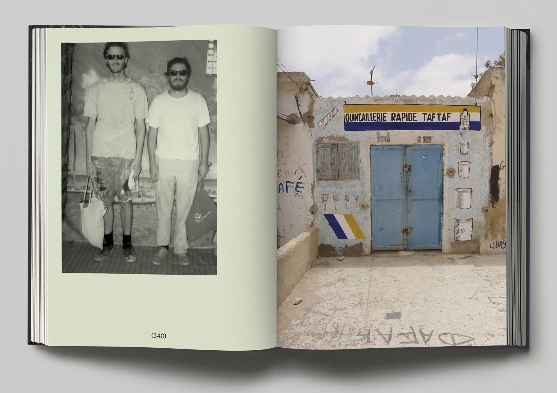 a spread from Escif's forthcoming book, with a black-and-white photograph of two young men on the left and a facade of a small shop somewhere in Europe on the right with a sign in French