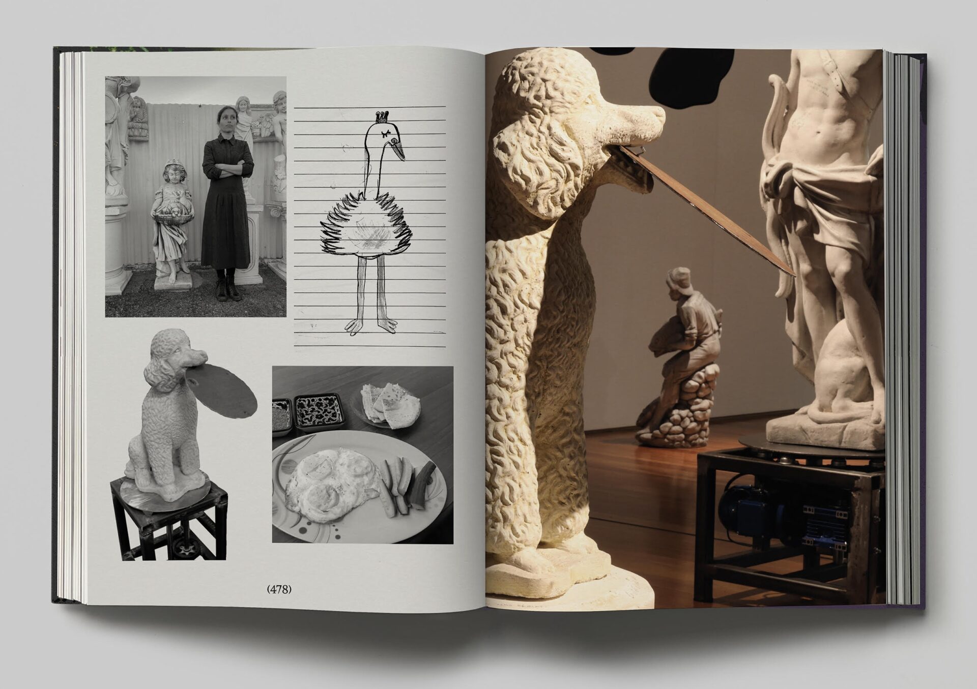 a spread from Escif's forthcoming book showing photos and sketches on the left and a photograph of sculptures on the right