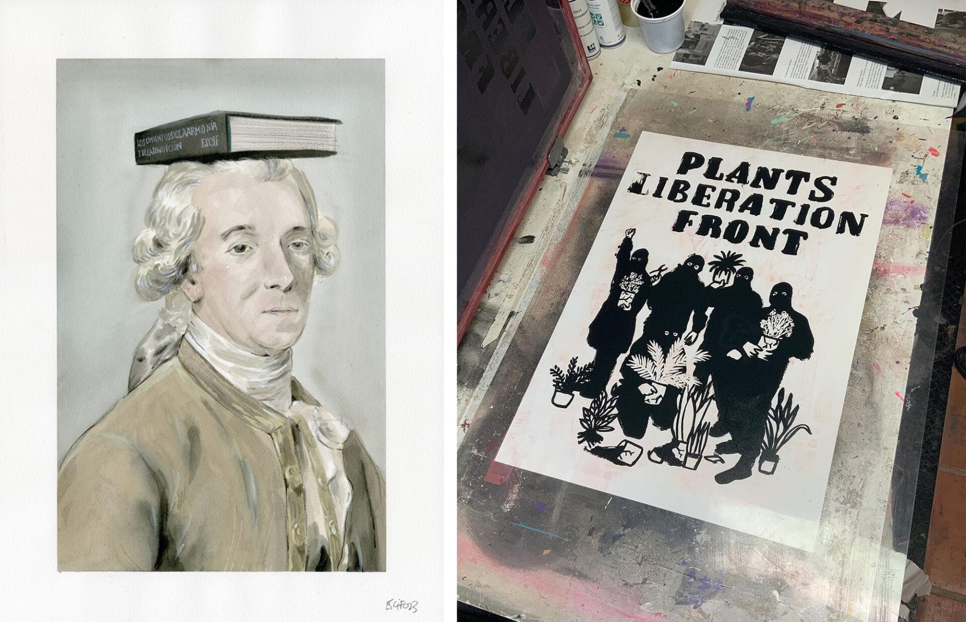 a side-by-side image showing, on the left, a watercolor portrait of an 18th-century man balancing a book on his head, and on the right, a print in a studio with the words "plant liberation front" and figures wearing balaclavas, holding plants