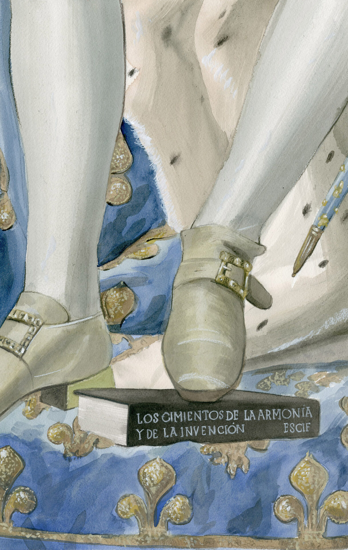 a painting of an anonymous 18th-century royal man's legs and shoes, stepping on a black book
