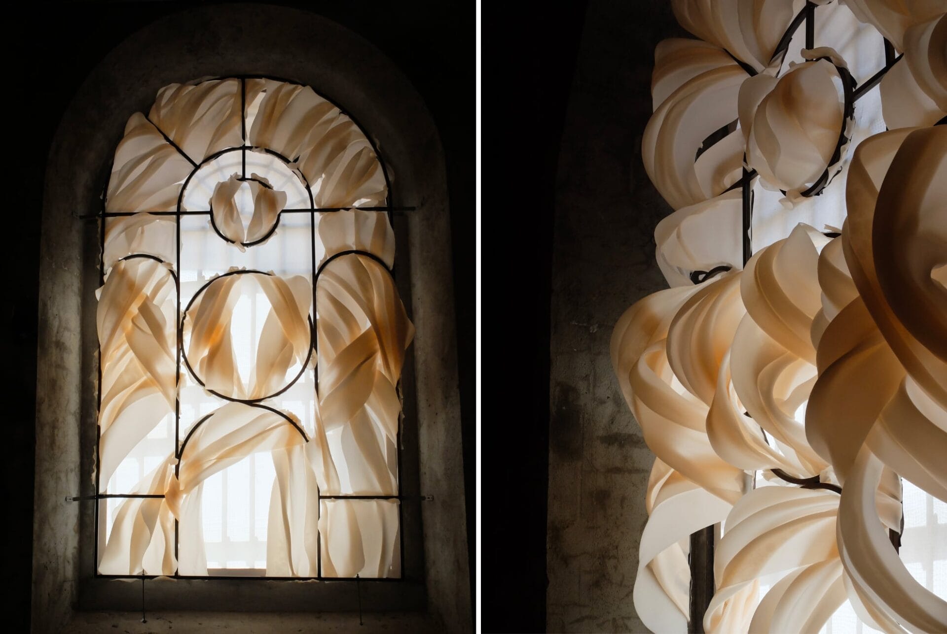 left: thin wax sheets drape across an arched window. right: wax sheets appear to billow out from a window