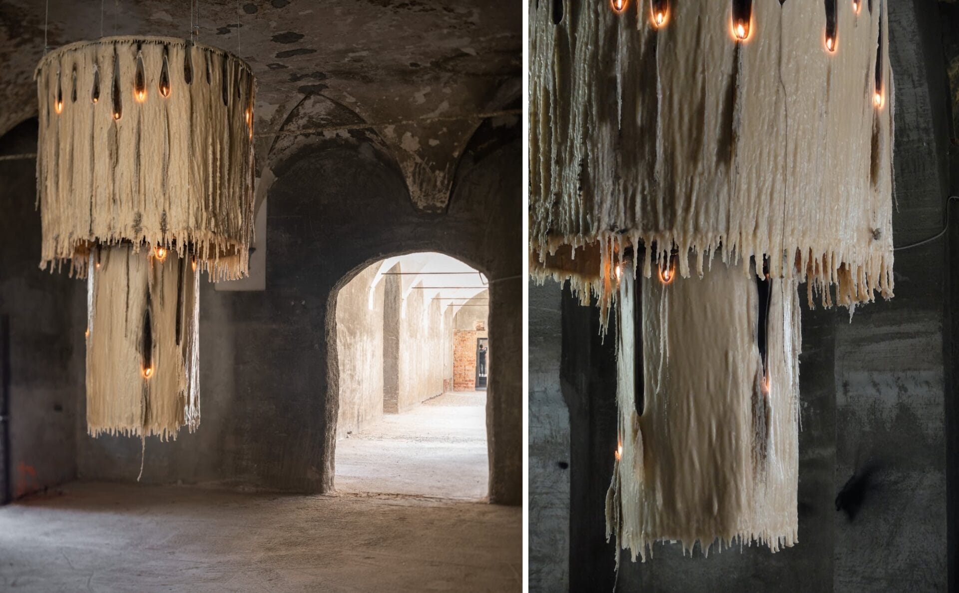 left: a chandelier like sculpture covered in lit candles. right: a detail of the sculpture showing dripping wax