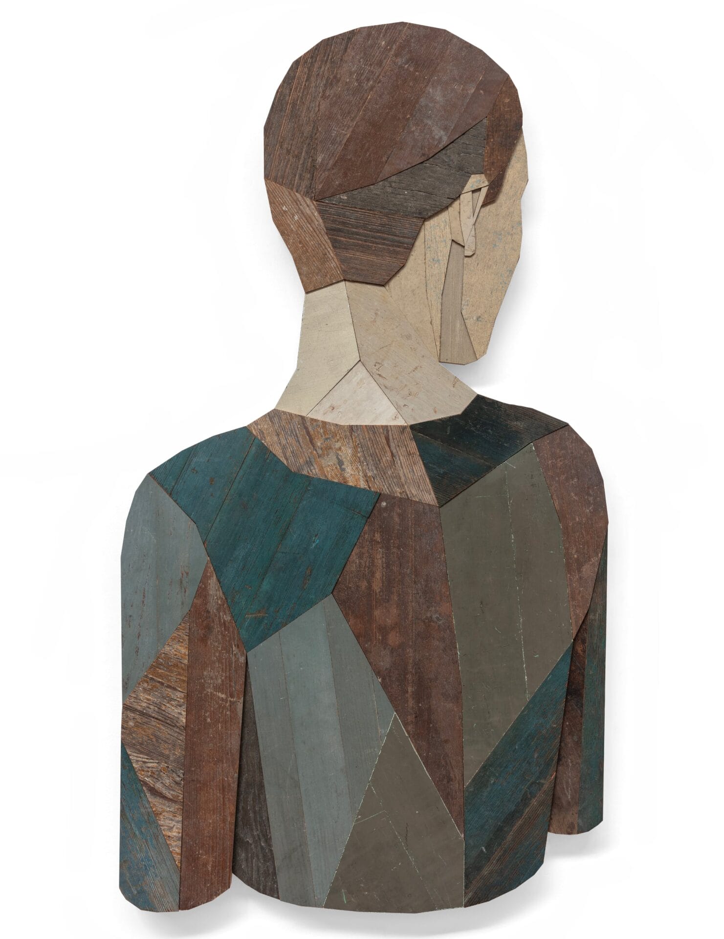 a portrait of a faceless figures made of collaged wood