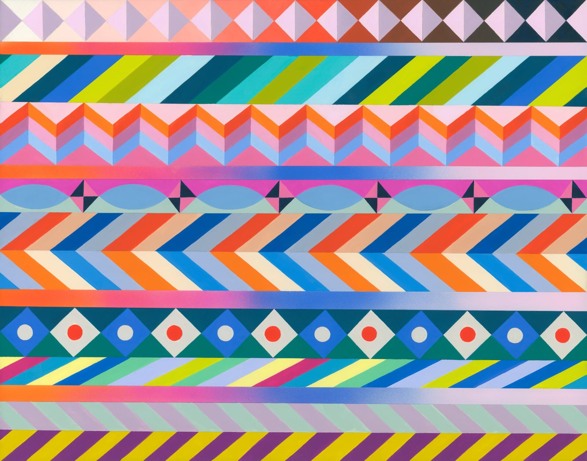a patchwork painting with stripes, shapes, and various motifs in a rainbow palette