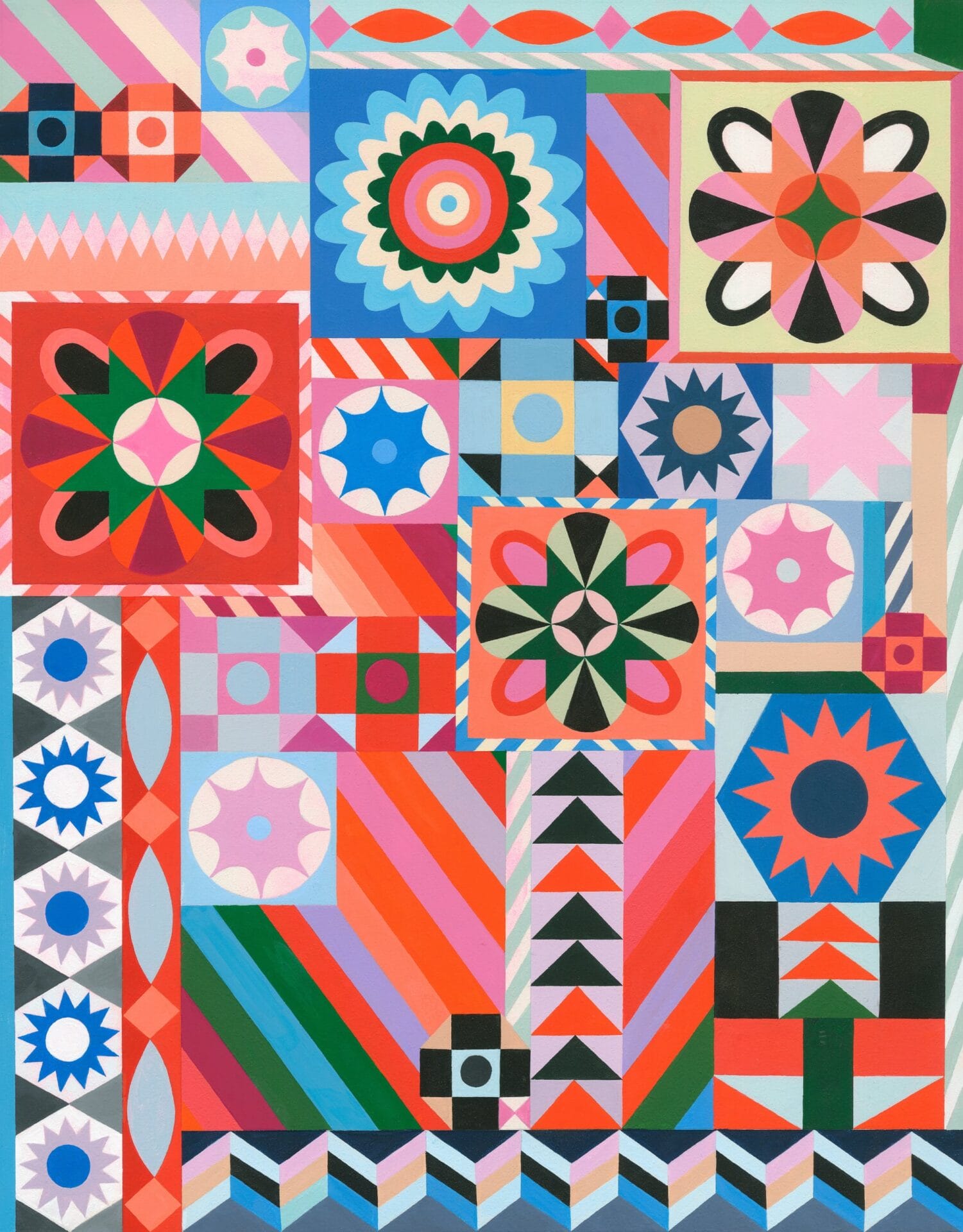 a patchwork painting with stripes, shapes, and various motifs in a pink and red palette