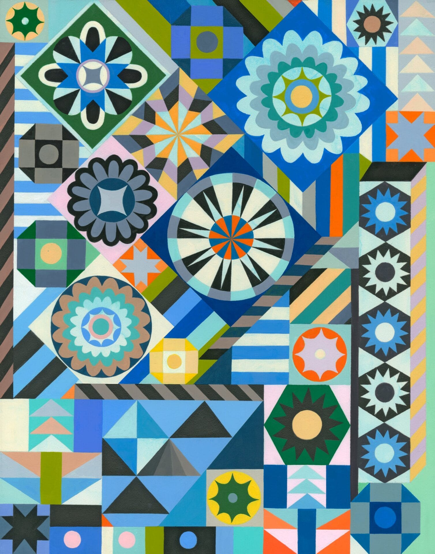 a patchwork painting with stripes, shapes, and various motifs in a blue green palette