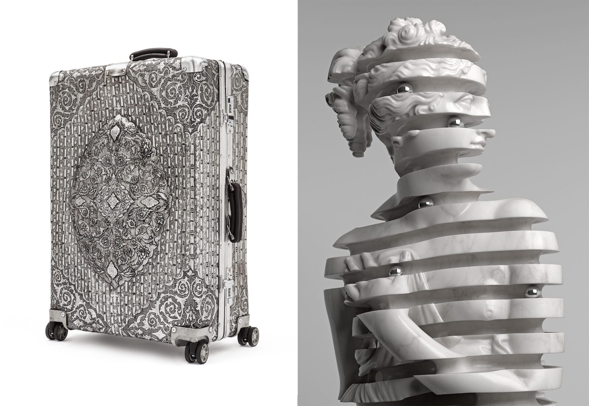 a side-by-side image of two artworks, on the left: an elaborate metallic rolling suitcase, and on the right: a classical Venus sculpture, the "Venus Italica" reimagined as a ball track in which a marble can follow a path all the way around from top to bottom