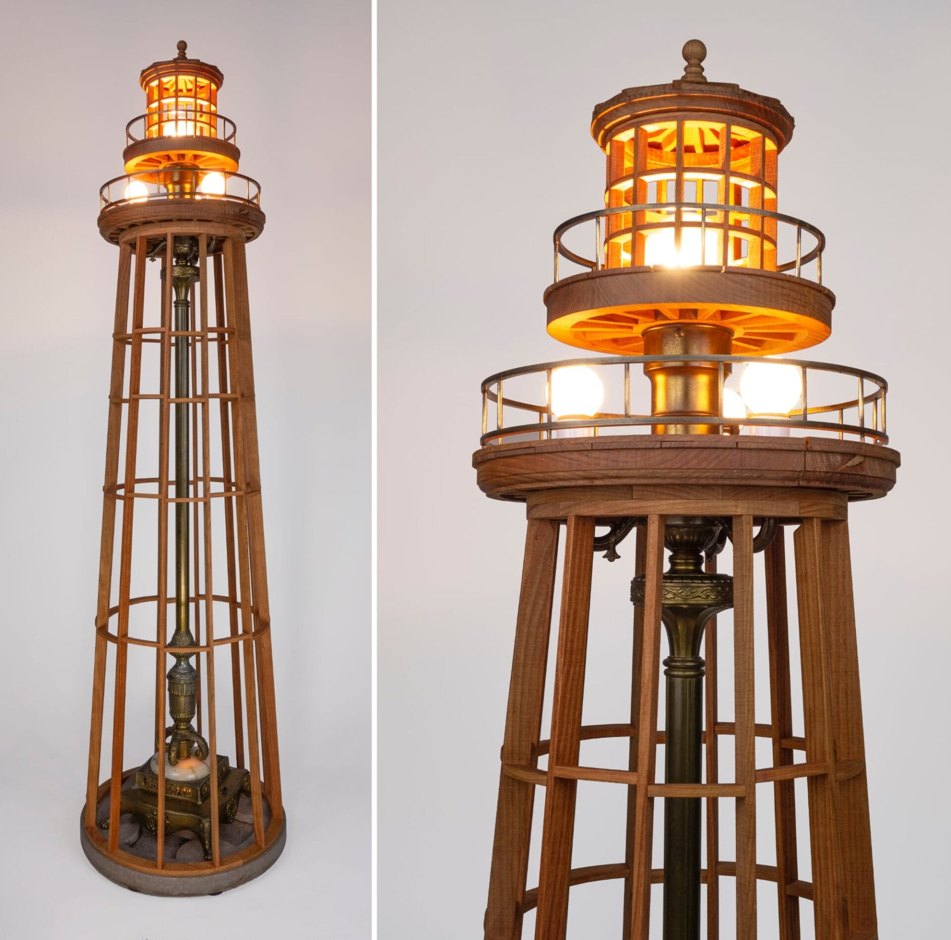 two images of a lamp with an architectural lighthouse structure surrounding it. the right image is a detail shot showing four embedded light bulbs