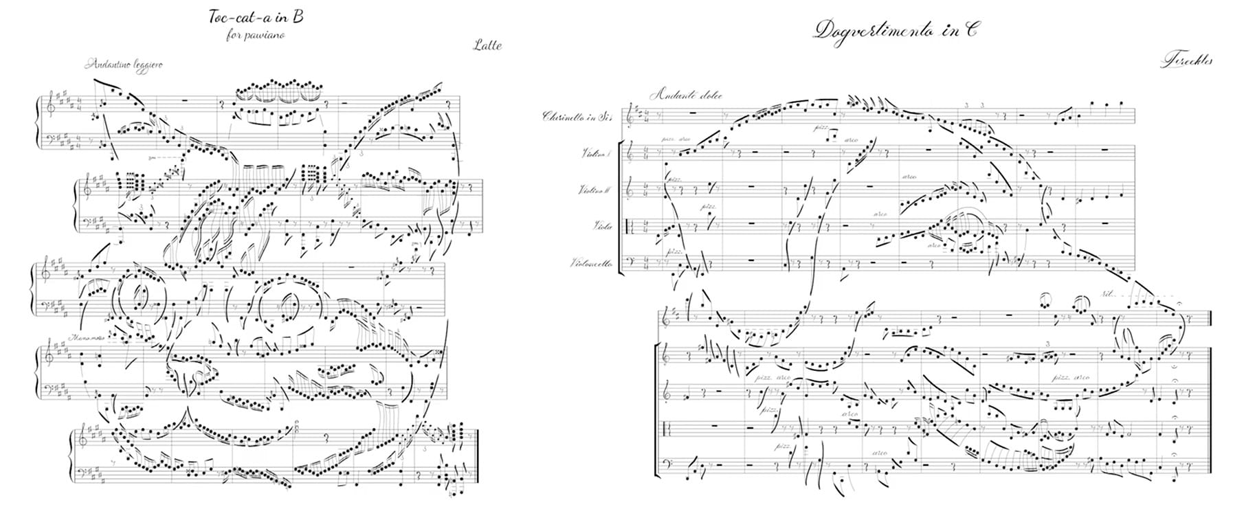 a side-by-side image of two sheet music illustrations showing a cat on the left and a dog on the right