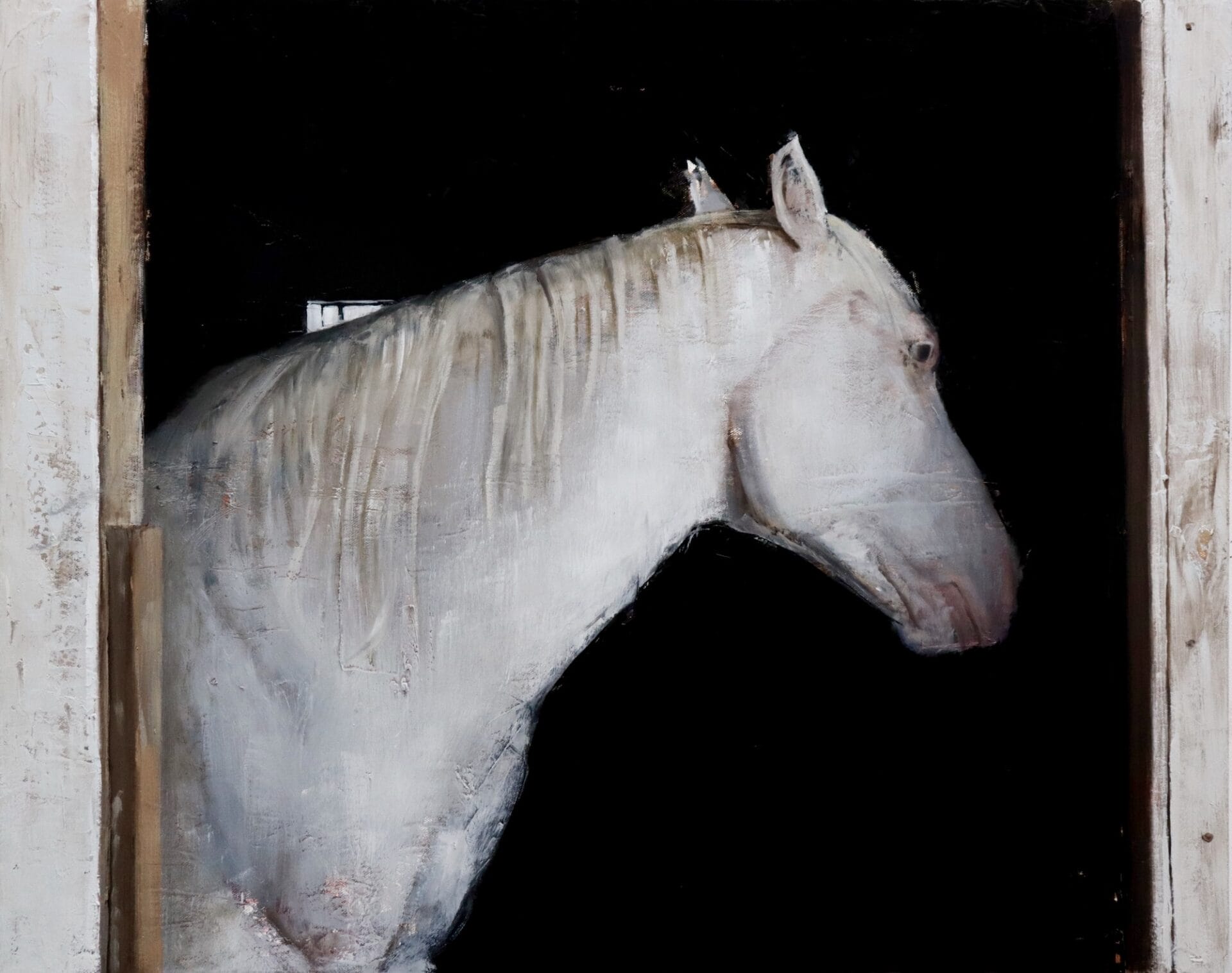 a realistic oil painting of a white horse turning away from a stable door