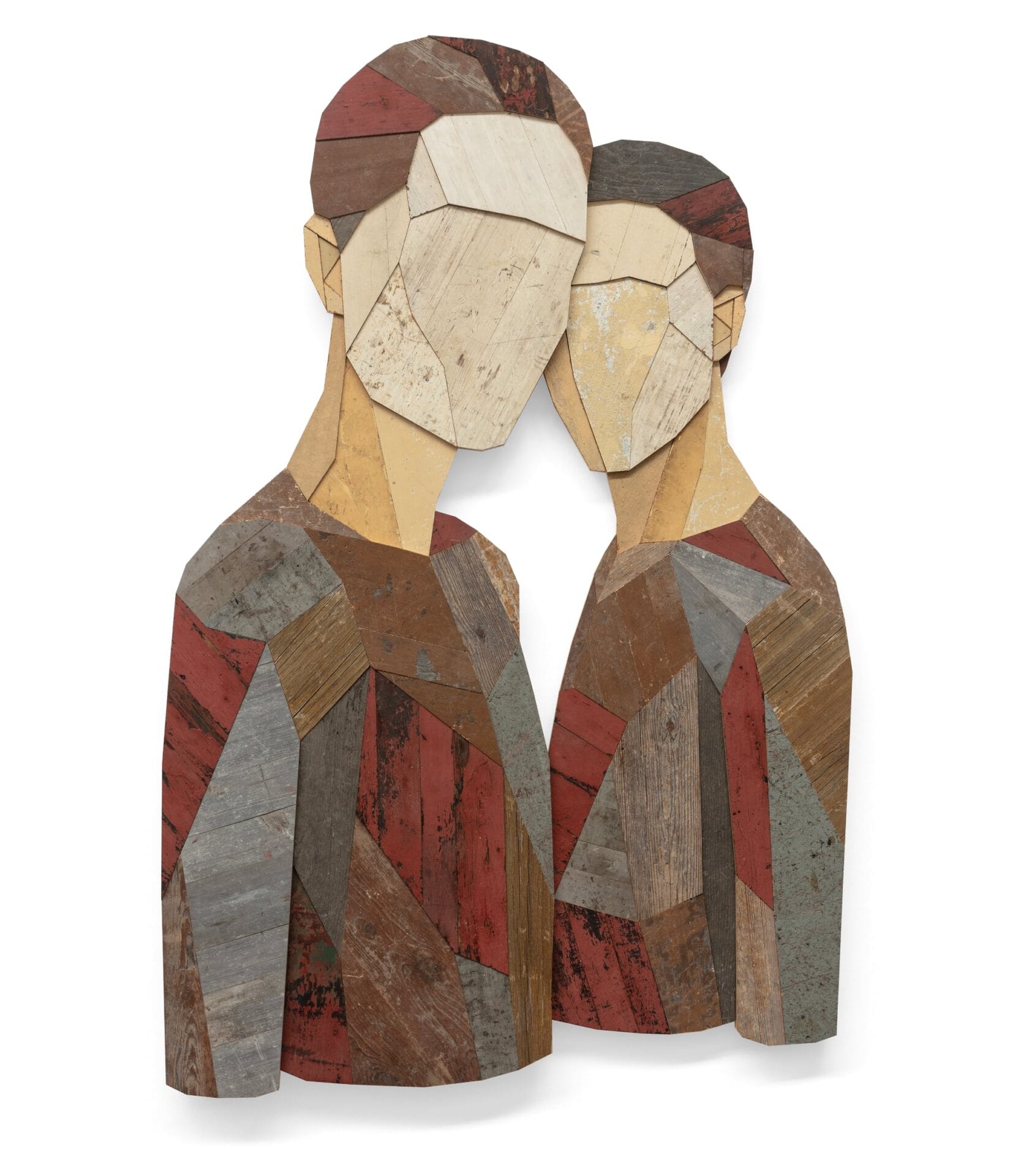 a portrait of two faceless figures made of collaged wood pieces