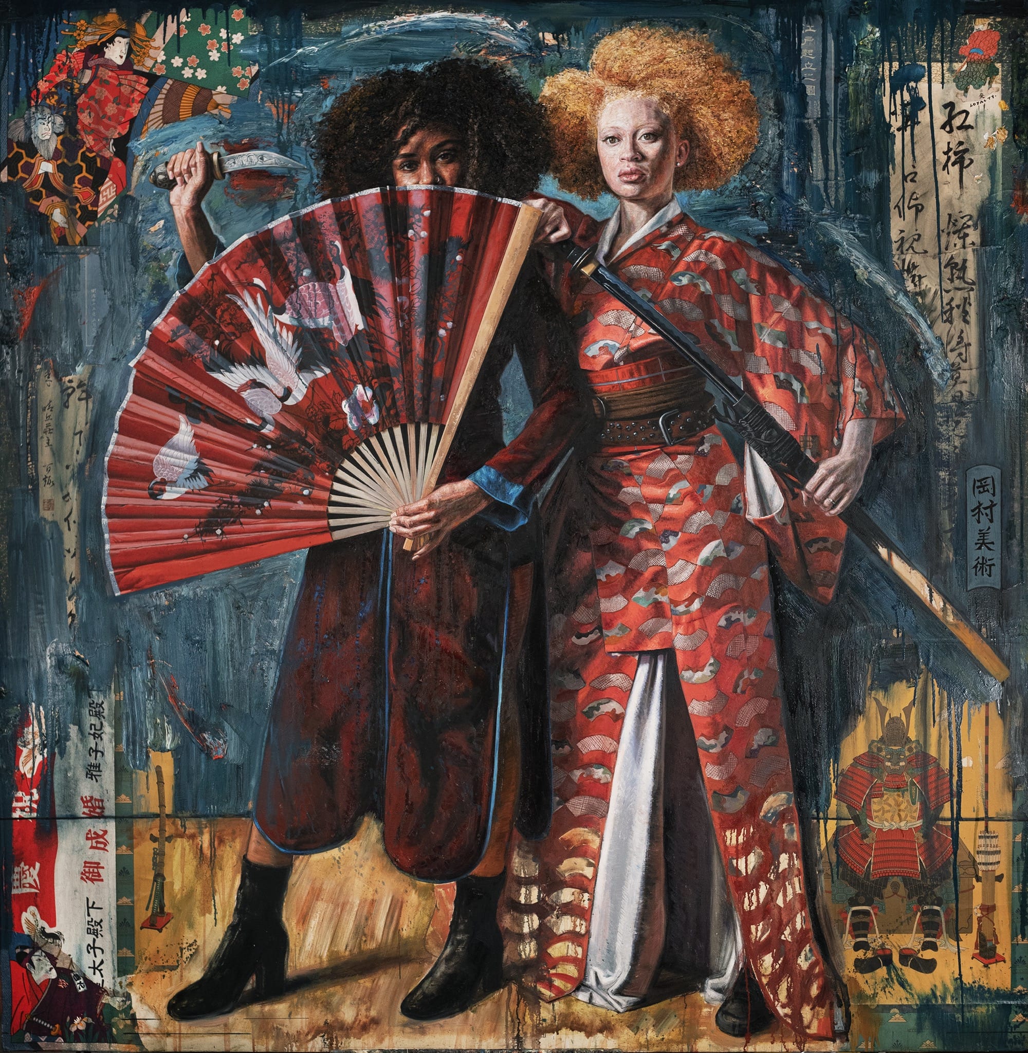 a painting of two Black women wearing Japanese kimonos and wielding swords and a fan