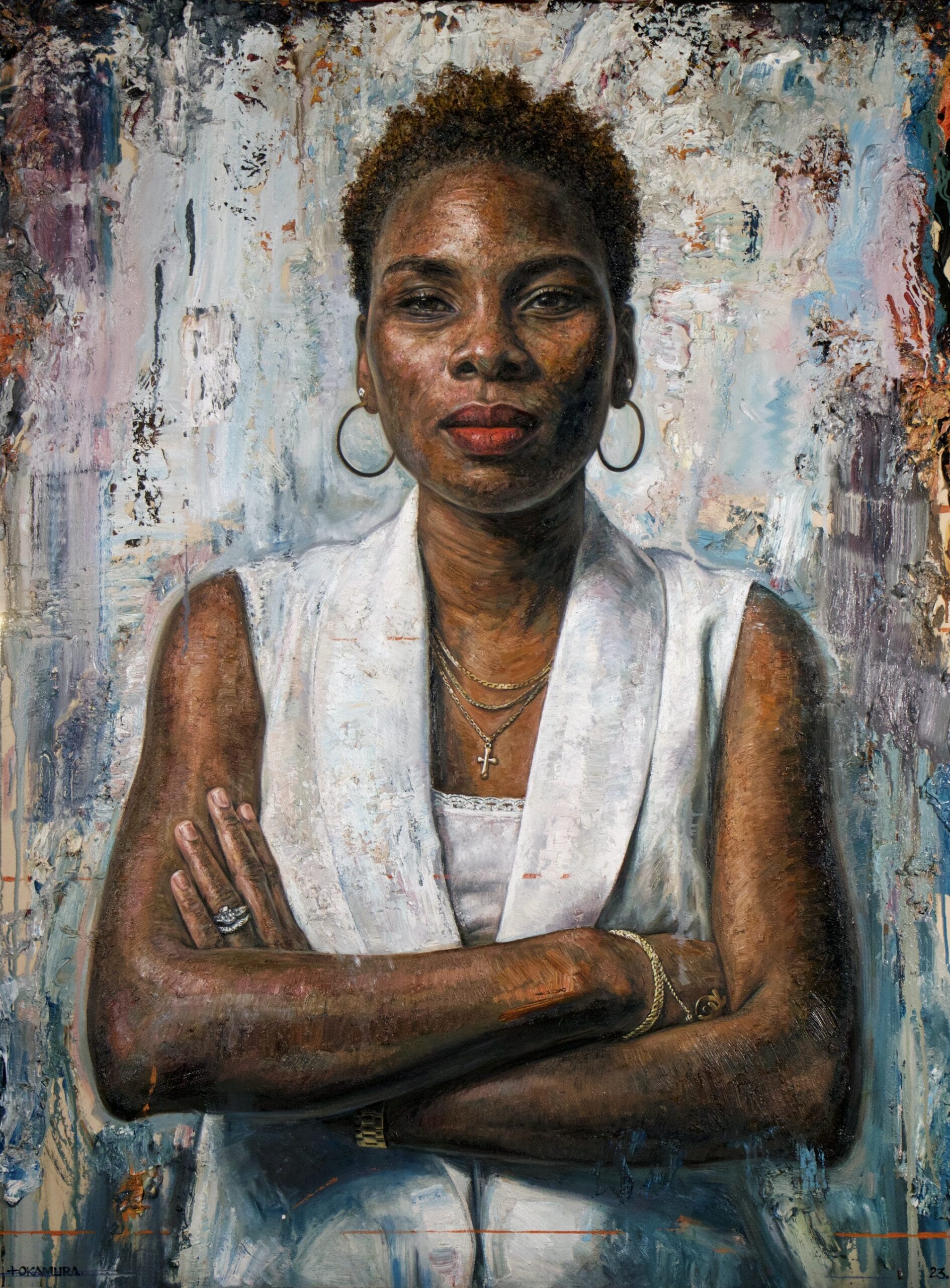 a painted portrait of Luvvie Ajayi Jones standing with her arms crossed