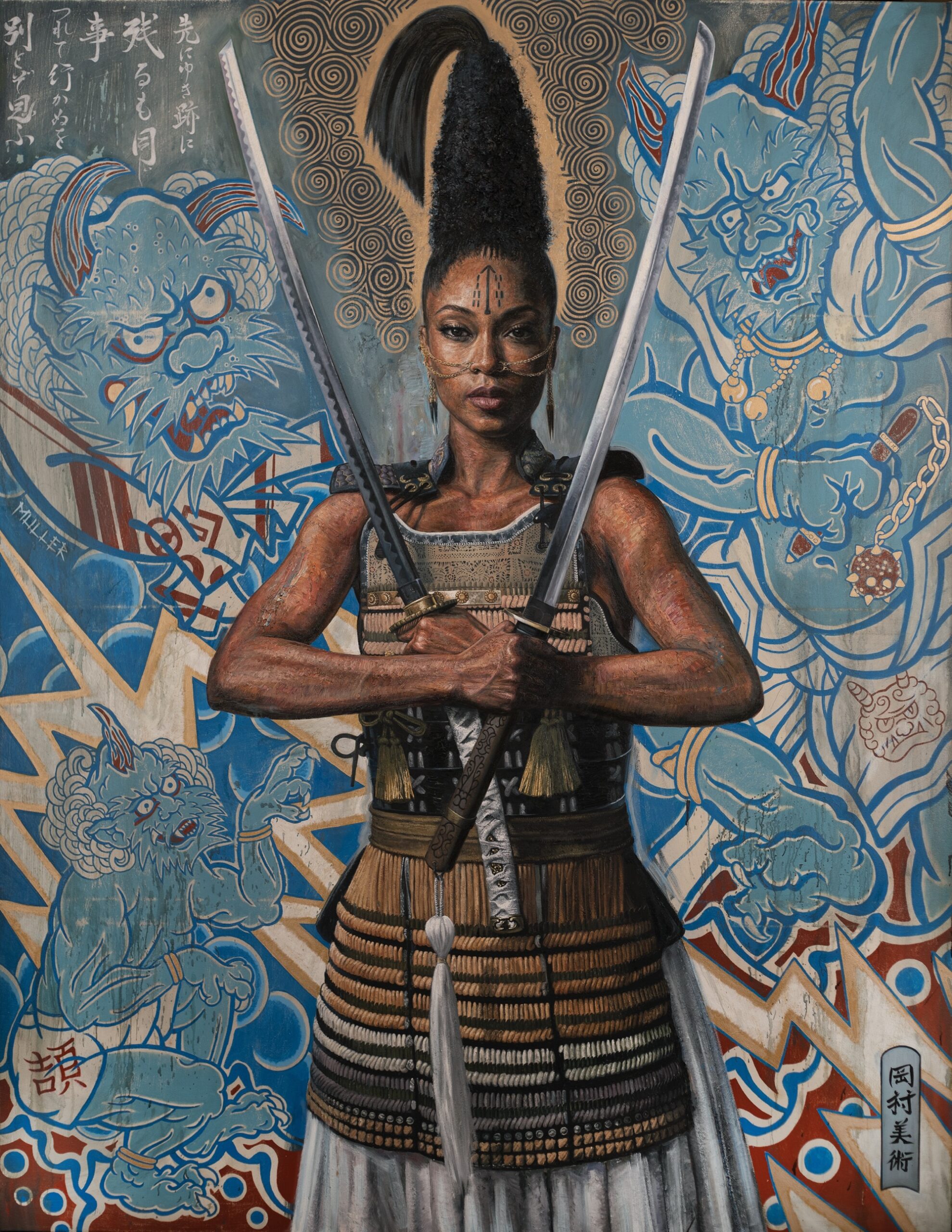 a strong Black woman stands wearing samurai armor and holding two swords, standing in front of a blue background of Japanese designs