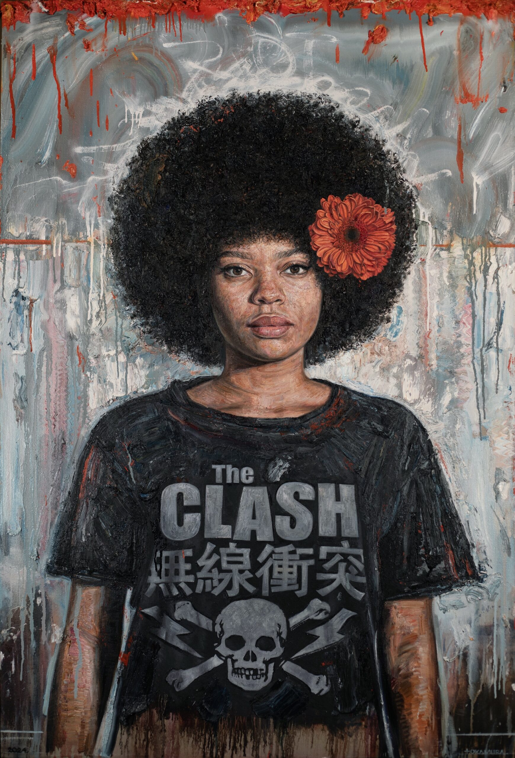 a portrait of a young Black woman wearing a Clash t-shirt and a red flower in her hair