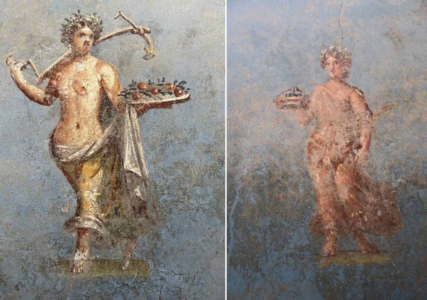 two images of women, one with a scythe, and flowing garments on a blue fresco