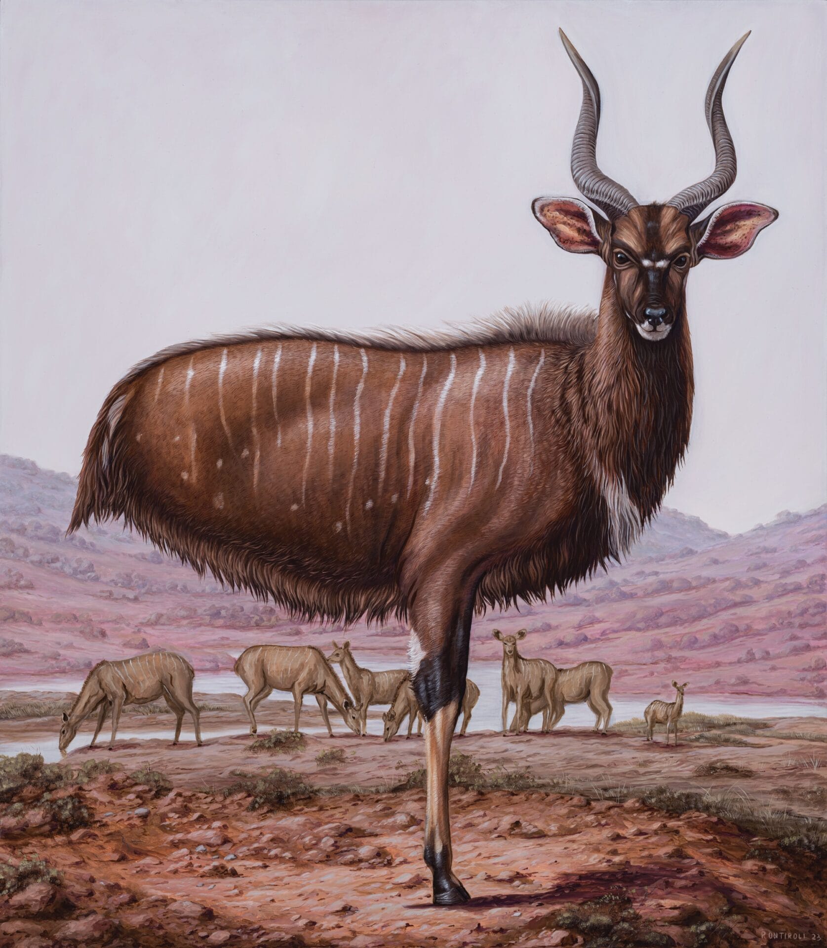 a painting of a gazelle standing on one leg in a dry climate