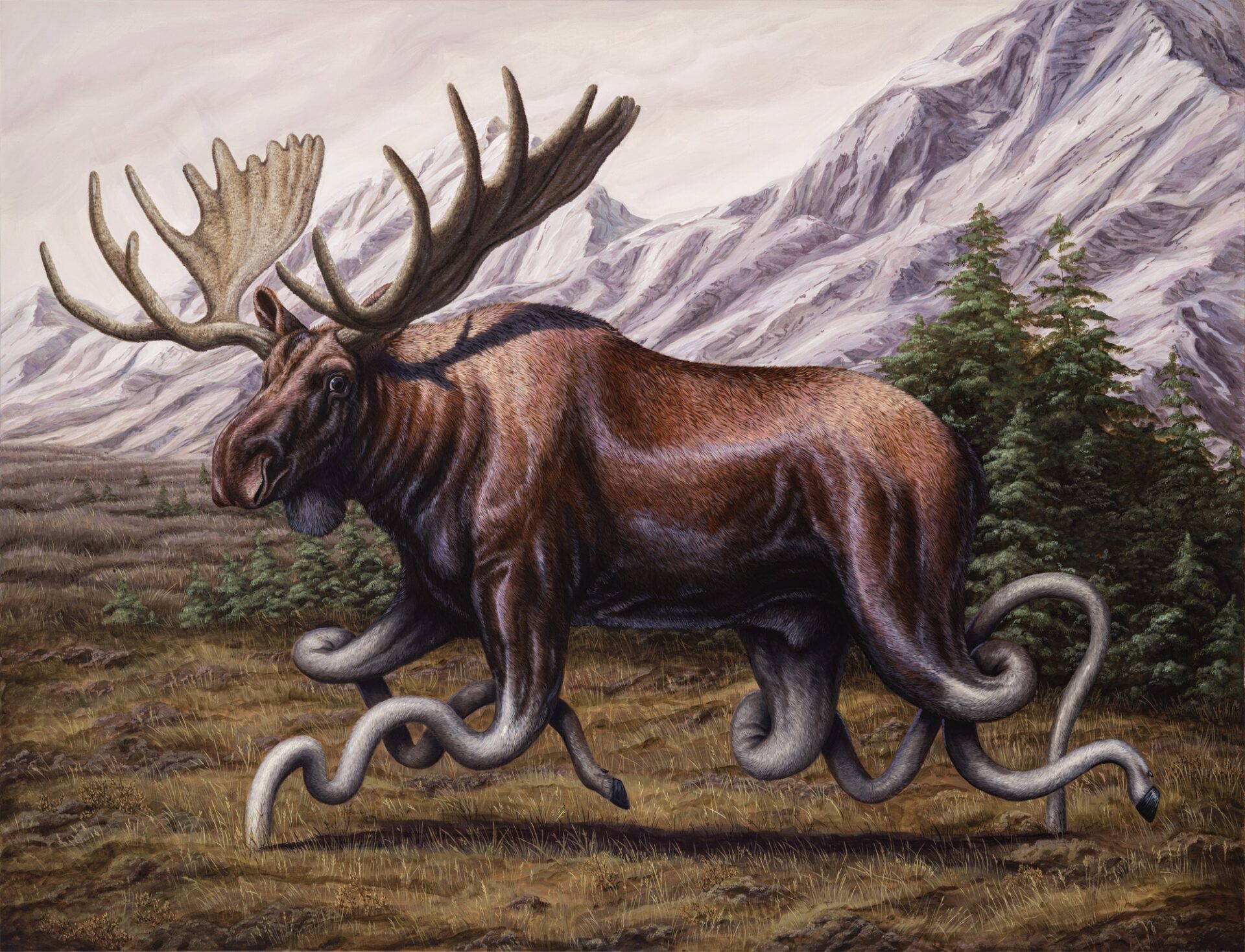 a moose with squiggly legs that make him levitate in a mountain landscape