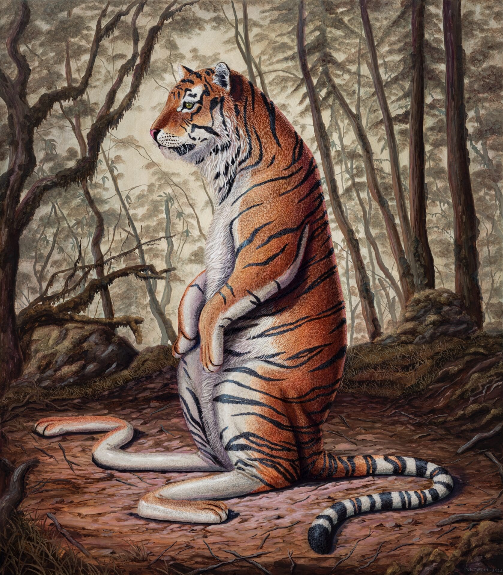 a tiger stands on its hind legs that squiggle out from its body in a strangely stretched form