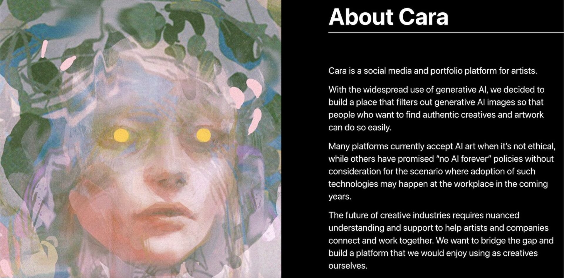 a screenshot from the Cara app website showing an illustration by Tobias Kwan and some text headed "About Cara" with information about the social media platform and portfolio