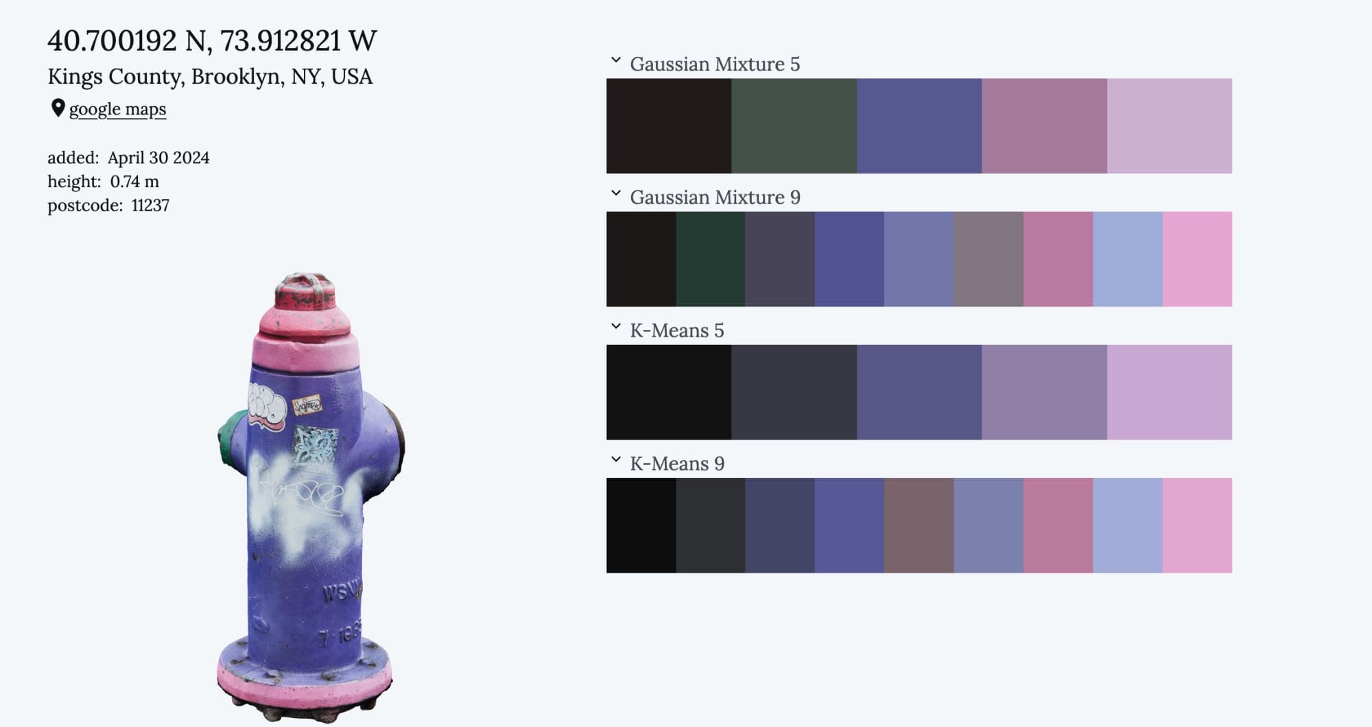 a fire hydrant painted in pink and purple with four color palettes nearby