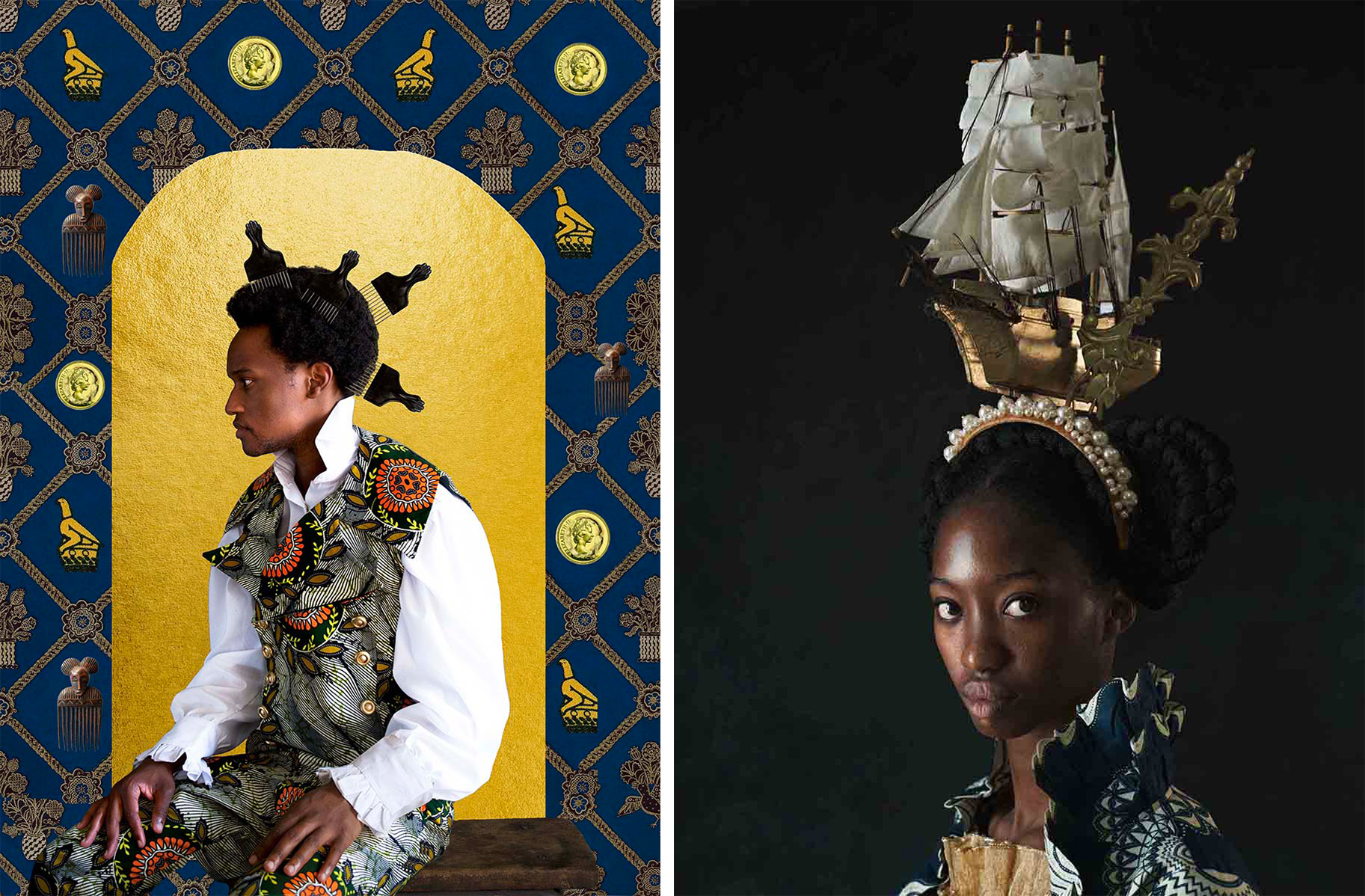 two side-by-side images of portraits of Black figures; on the left, a man sits in profile with a white shirt and patterned vest with hair picks in his hair; on the right, a woman wears an elaborate headdress shaped like a wooden ship