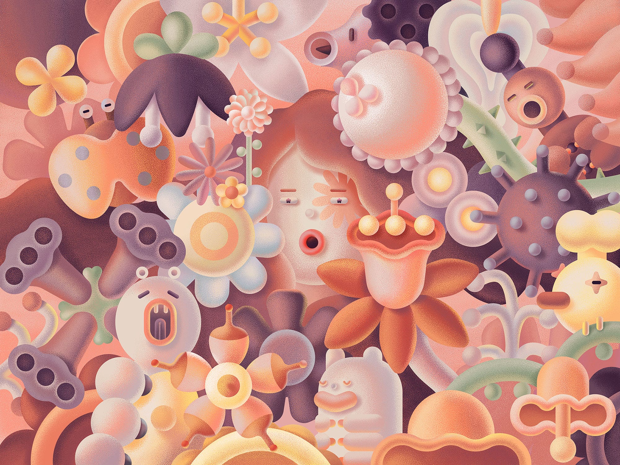 a woman's face is surrounded by a abundance of flowers. some flowers are patterned and have faces.