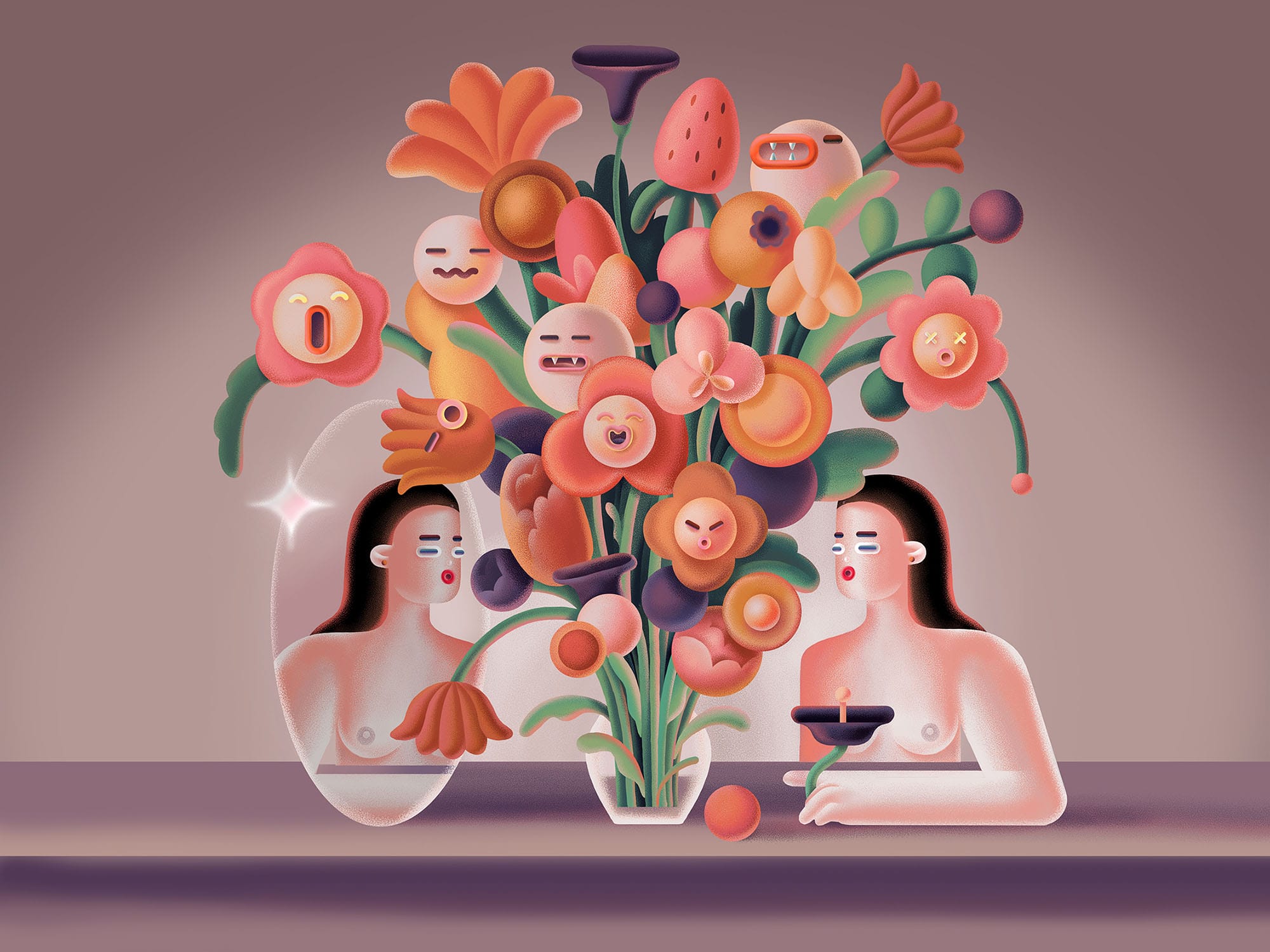 two women sit at a table and admire a large vase of pink and orange flowers. some of the flowers have faces