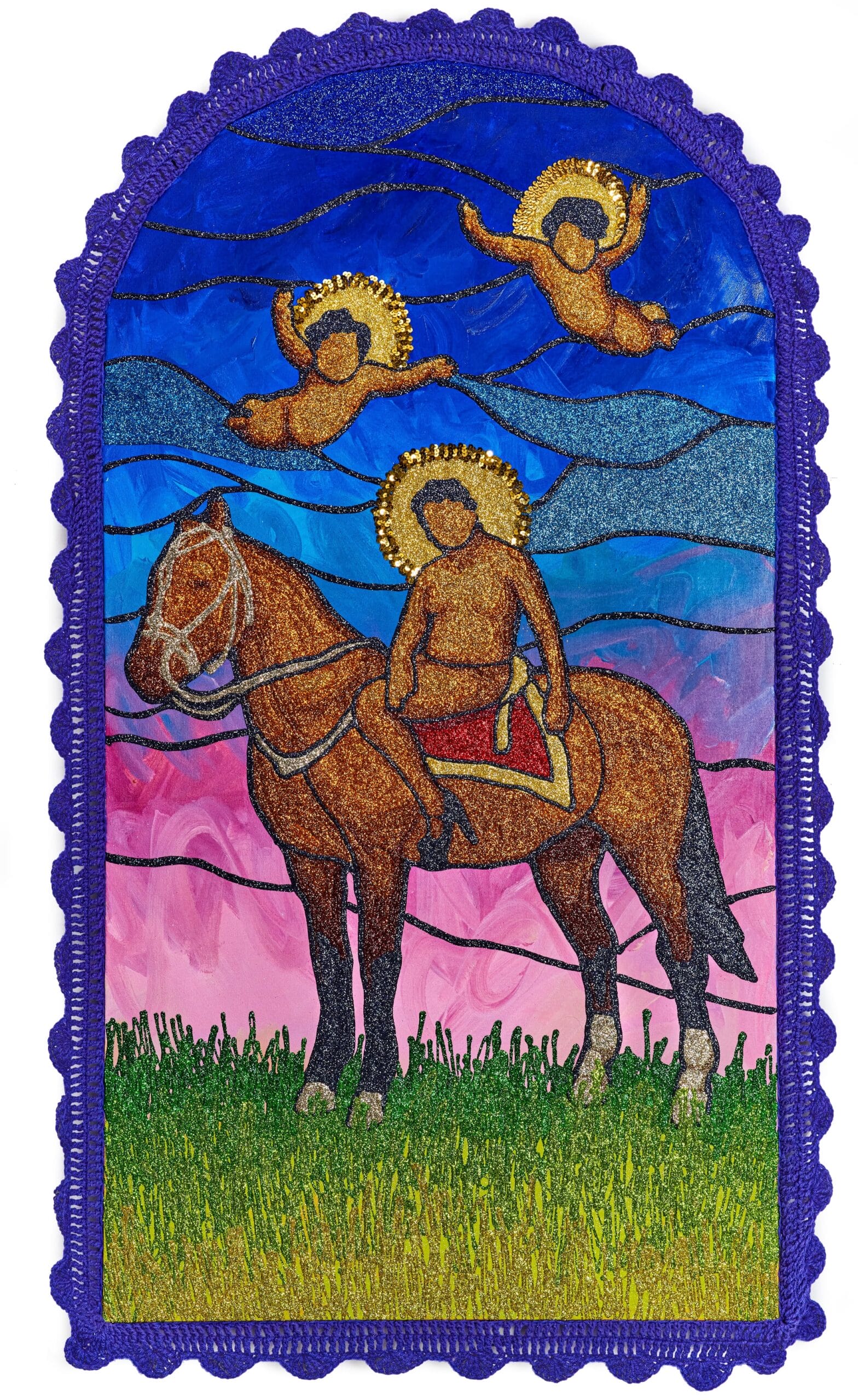 two faceless cherubs float above a faceless figure on a horse. all are rendered in glitter with a purple crocheted frame