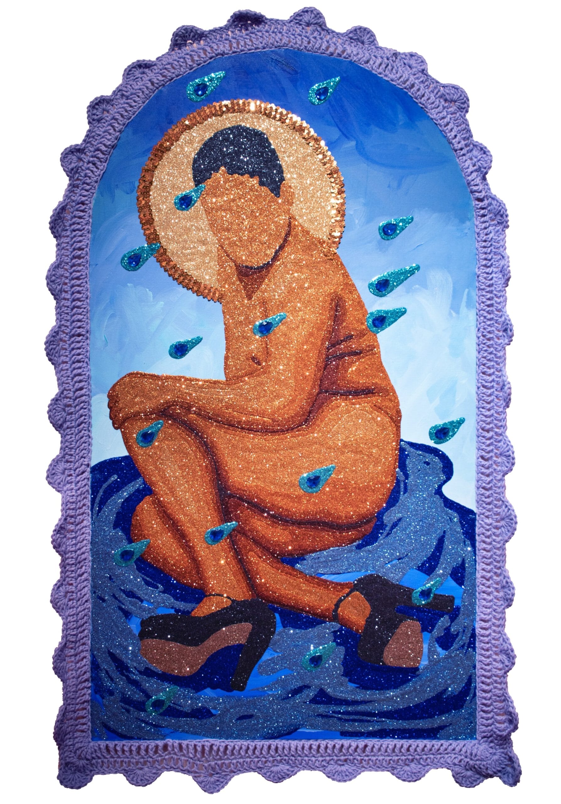 a nude, faceless figure wearing black heels sits on blue textiles with a purple crocheted frame