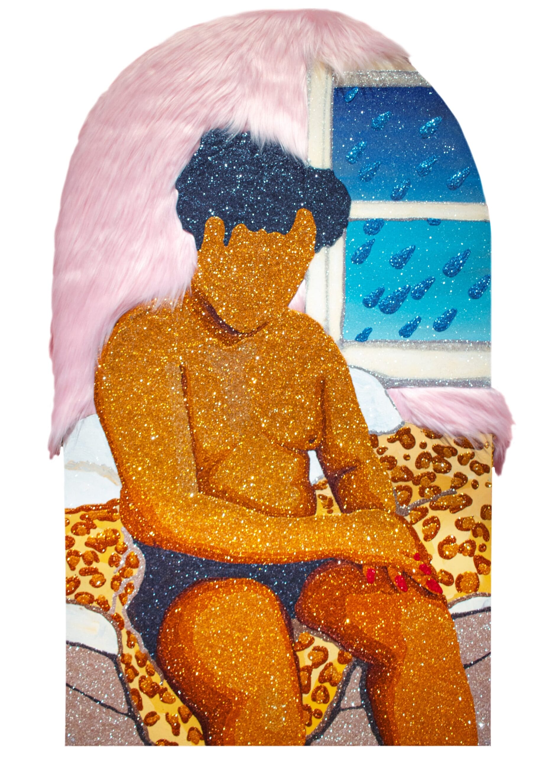 a faceless figure sits on a leopard print blanket wearing shorts. they are rendered in glitter with plush pink fur at the top of the work