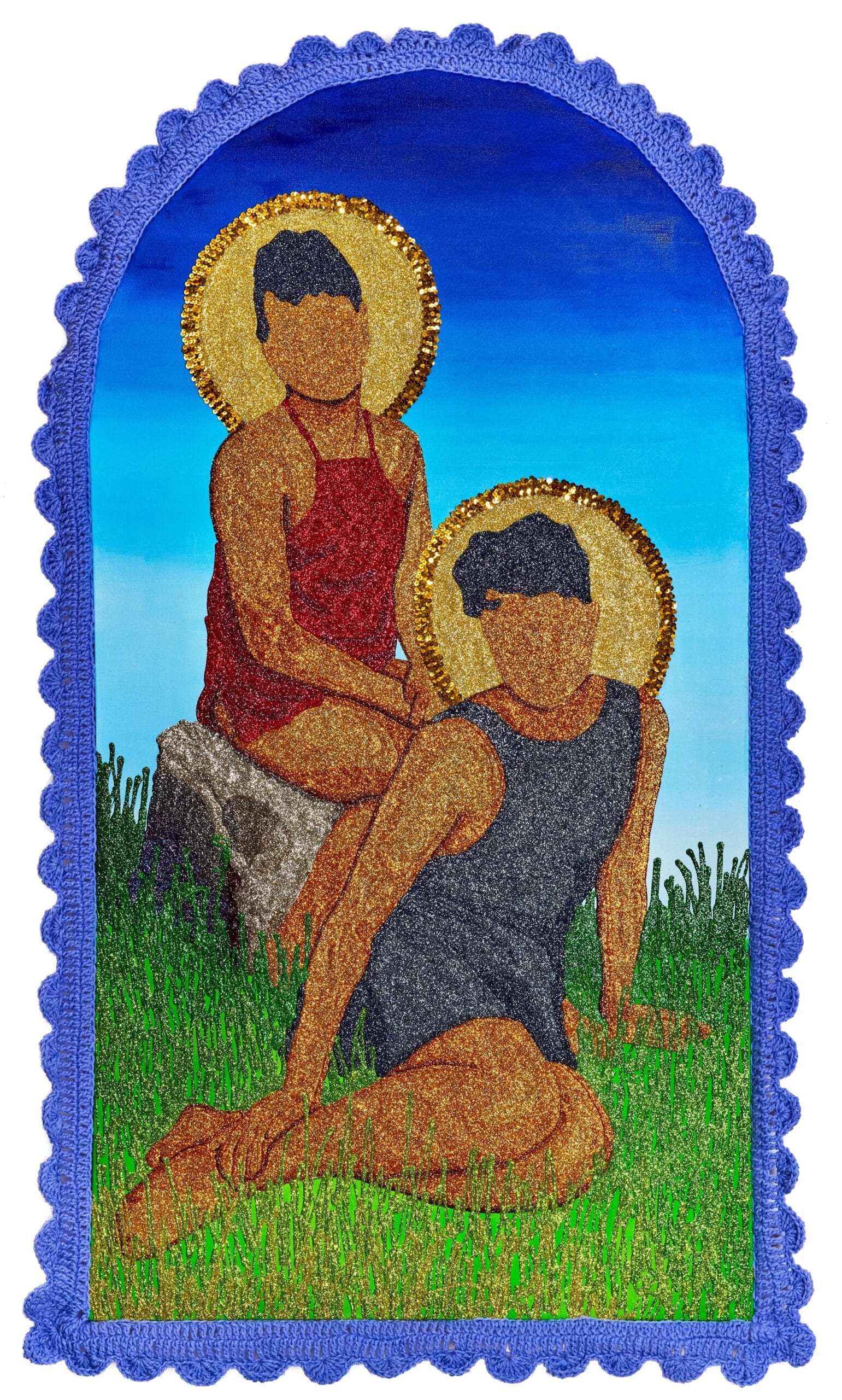 two faceless figure wearing a red and blue dress pose on a rock and grass. they're rendered in glitter with gold halos around their heads. a blue crocheted frame surrounds the work