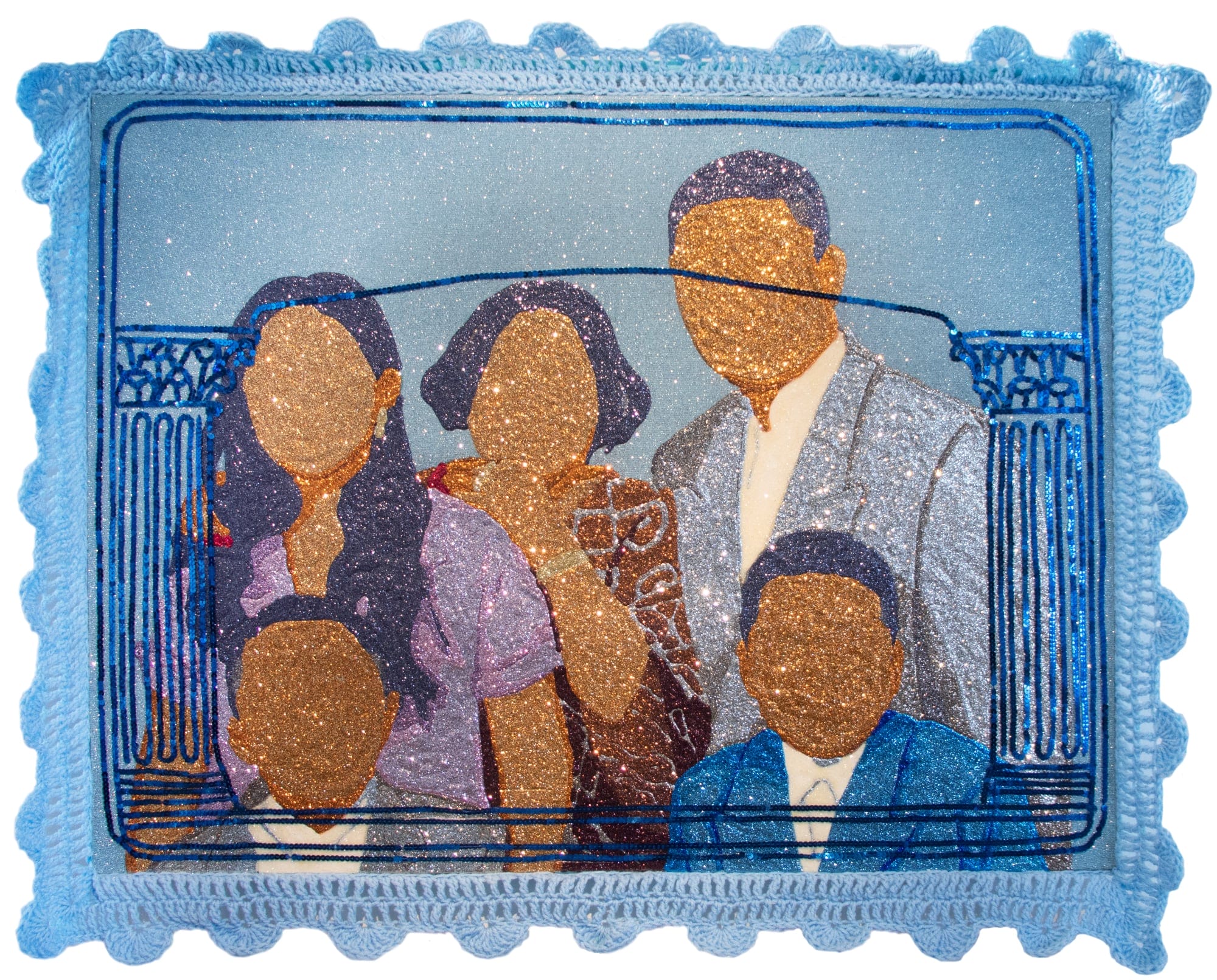 a family portrait of faceless figures rendered in glitter. a blue crocheted frame surrounds them