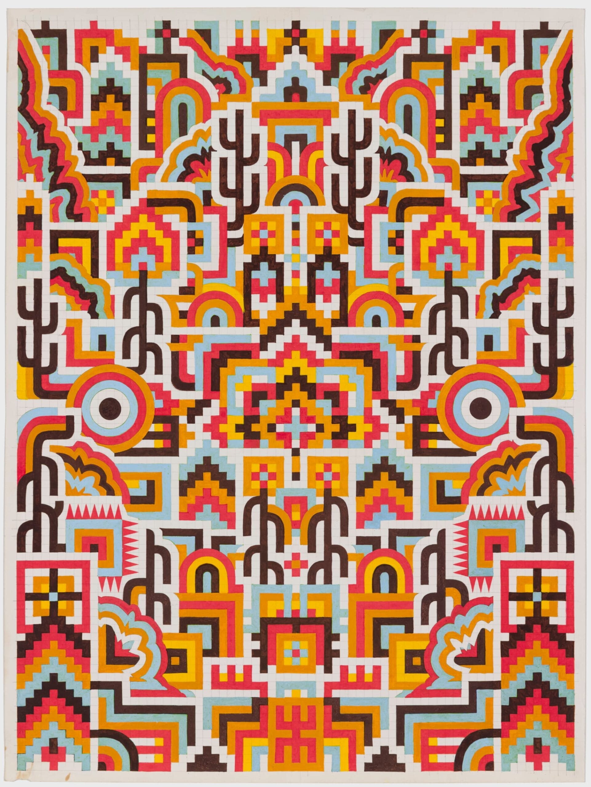 a vibrant symmetric motif rendered on gridded paper