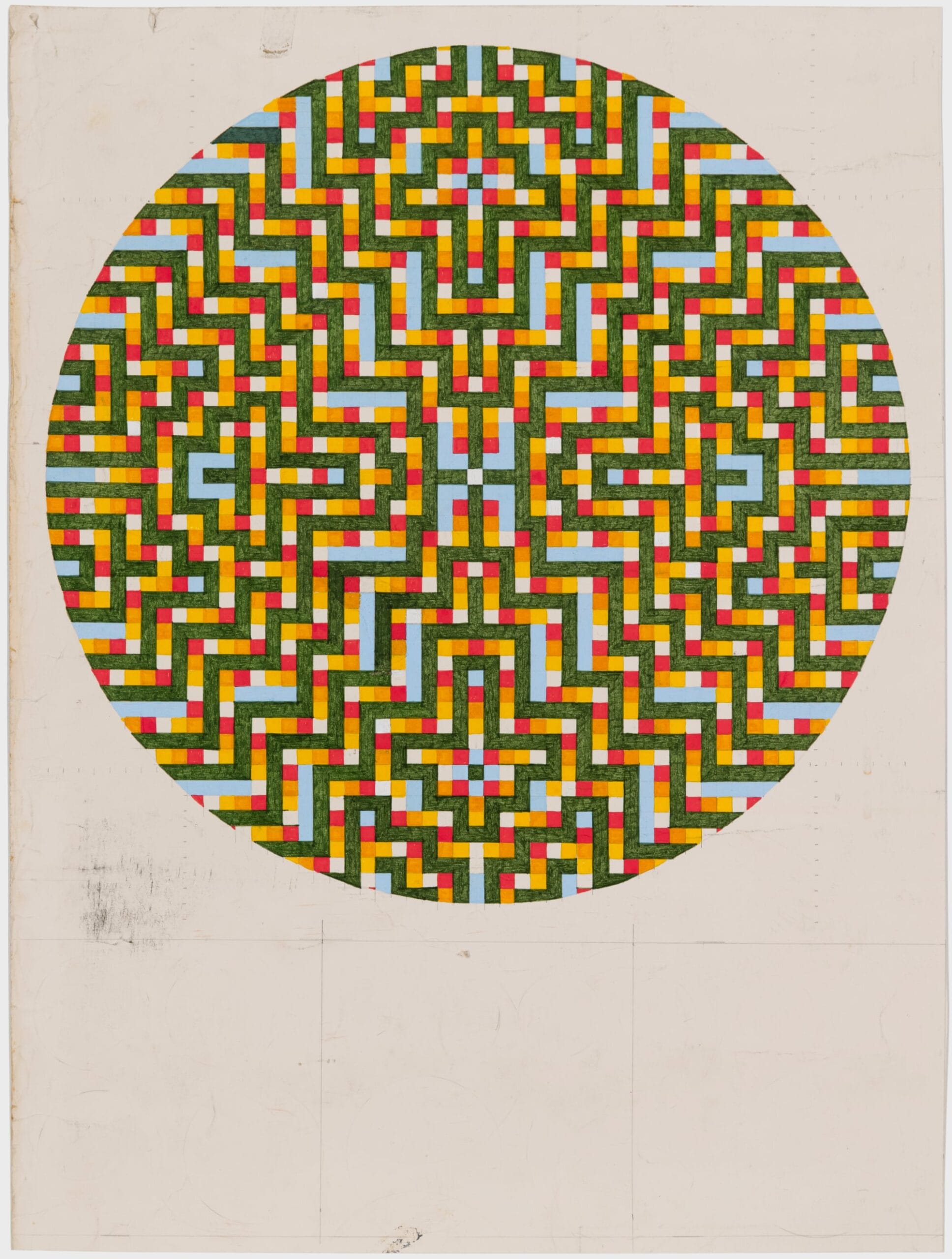 a vibrant symmetric motif rendered on gridded paper in the shape of a circle