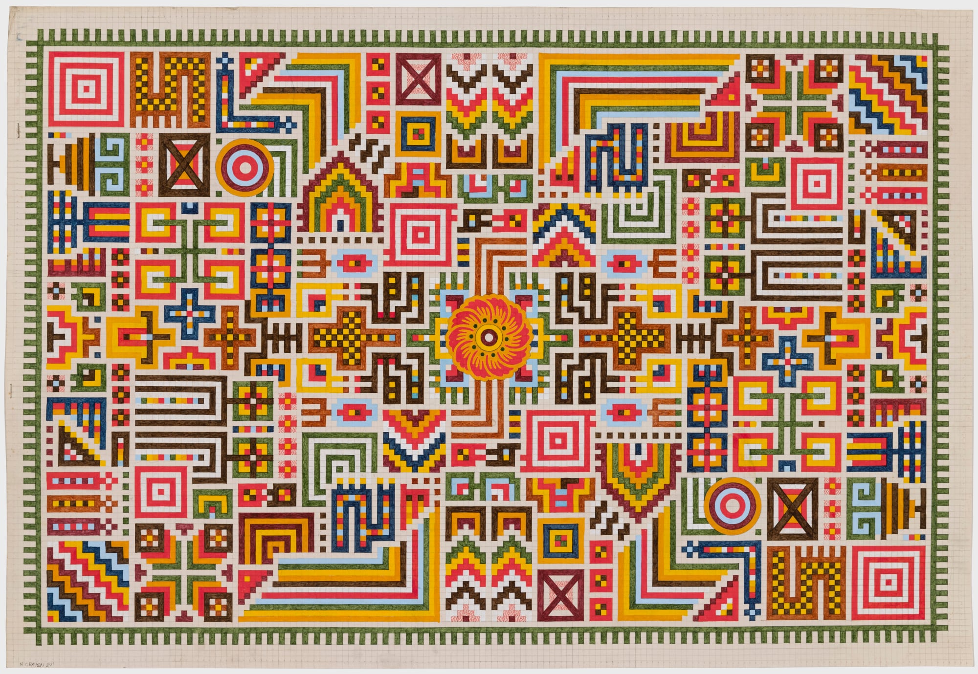 a vibrant symmetric motif rendered on gridded paper