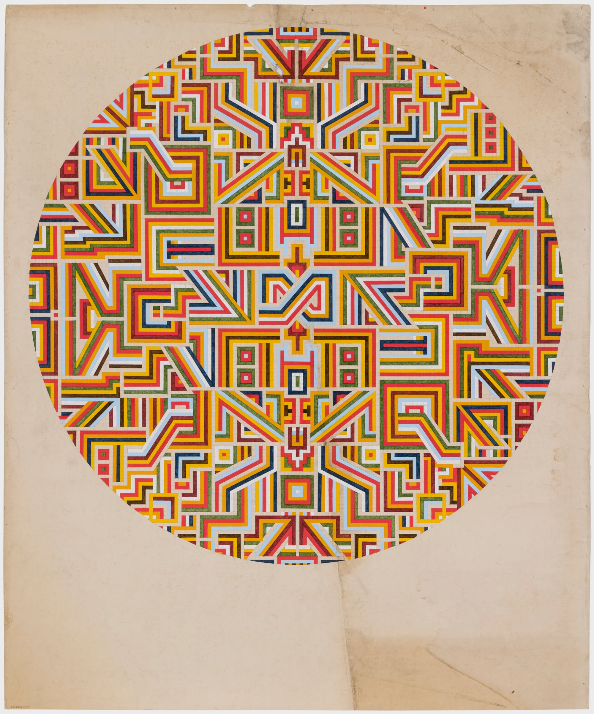 a vibrant symmetric motif rendered on gridded paper in a circle