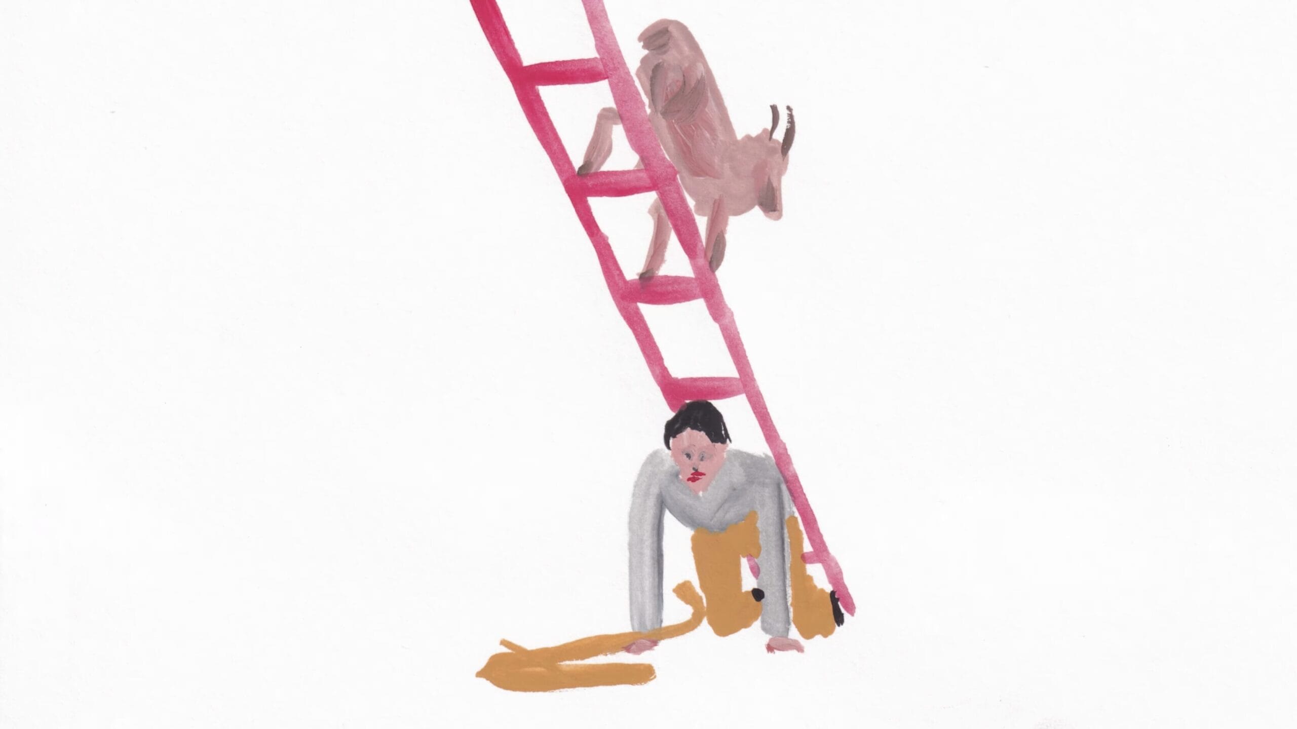 a man kneels on all fours as a ladder is propped up on top of him. a goat climbs down the ladder.