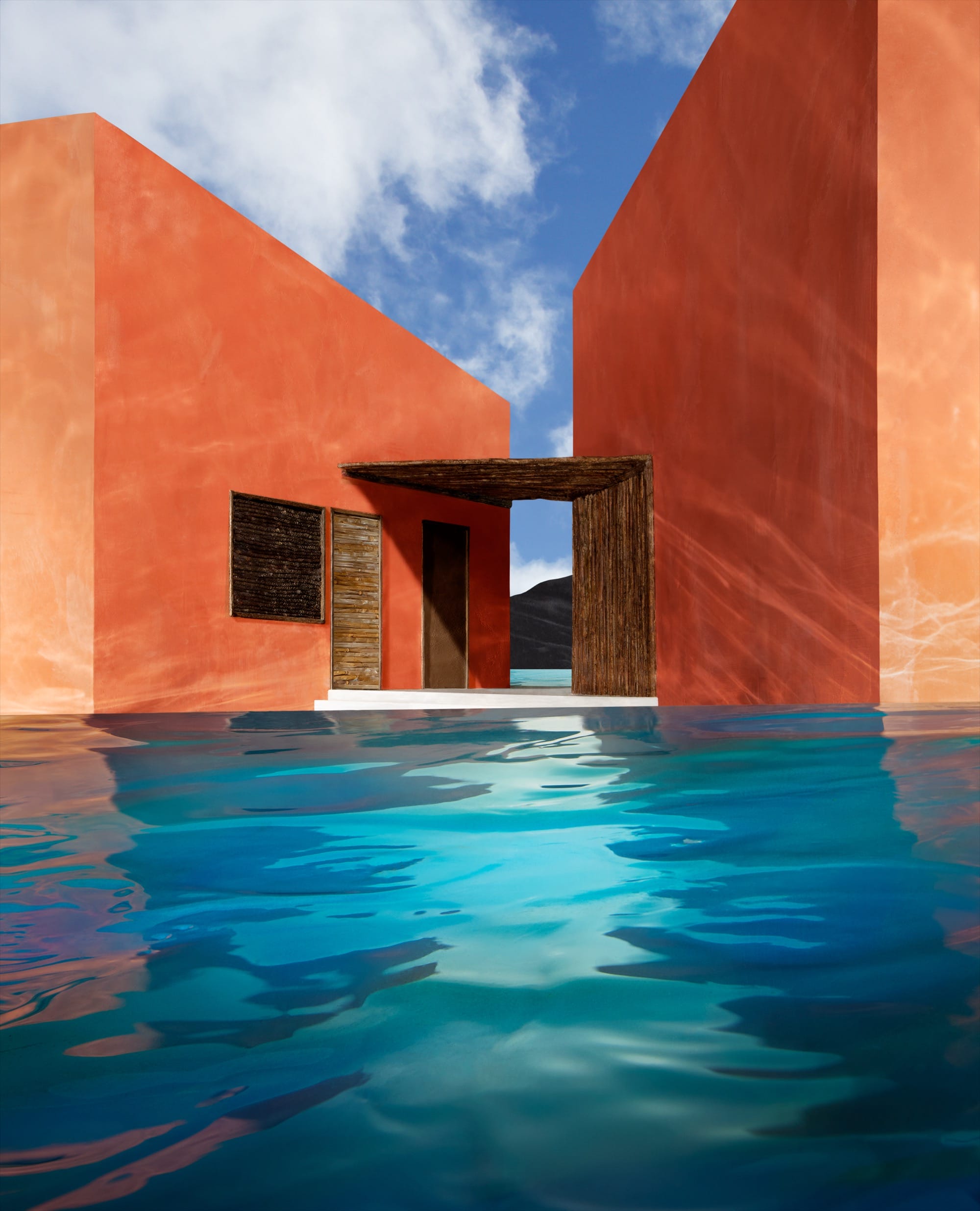 water rises around an orange, geometric architectural model