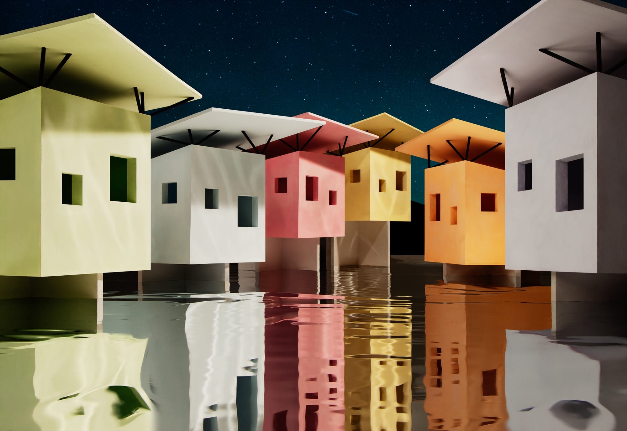 water rises around candy-colored architectural models with a starry sky