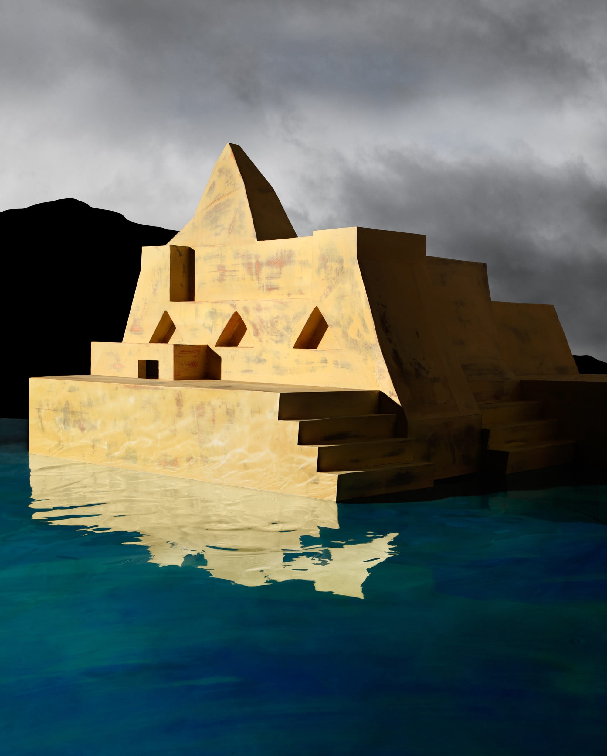water rises around a beige architectural model with sharp angles and stairs
