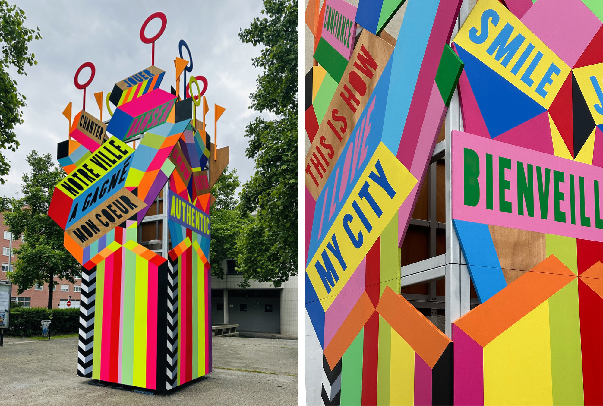 two side-by-side images of a geometric art installation outdoors with colorful panels and stripes