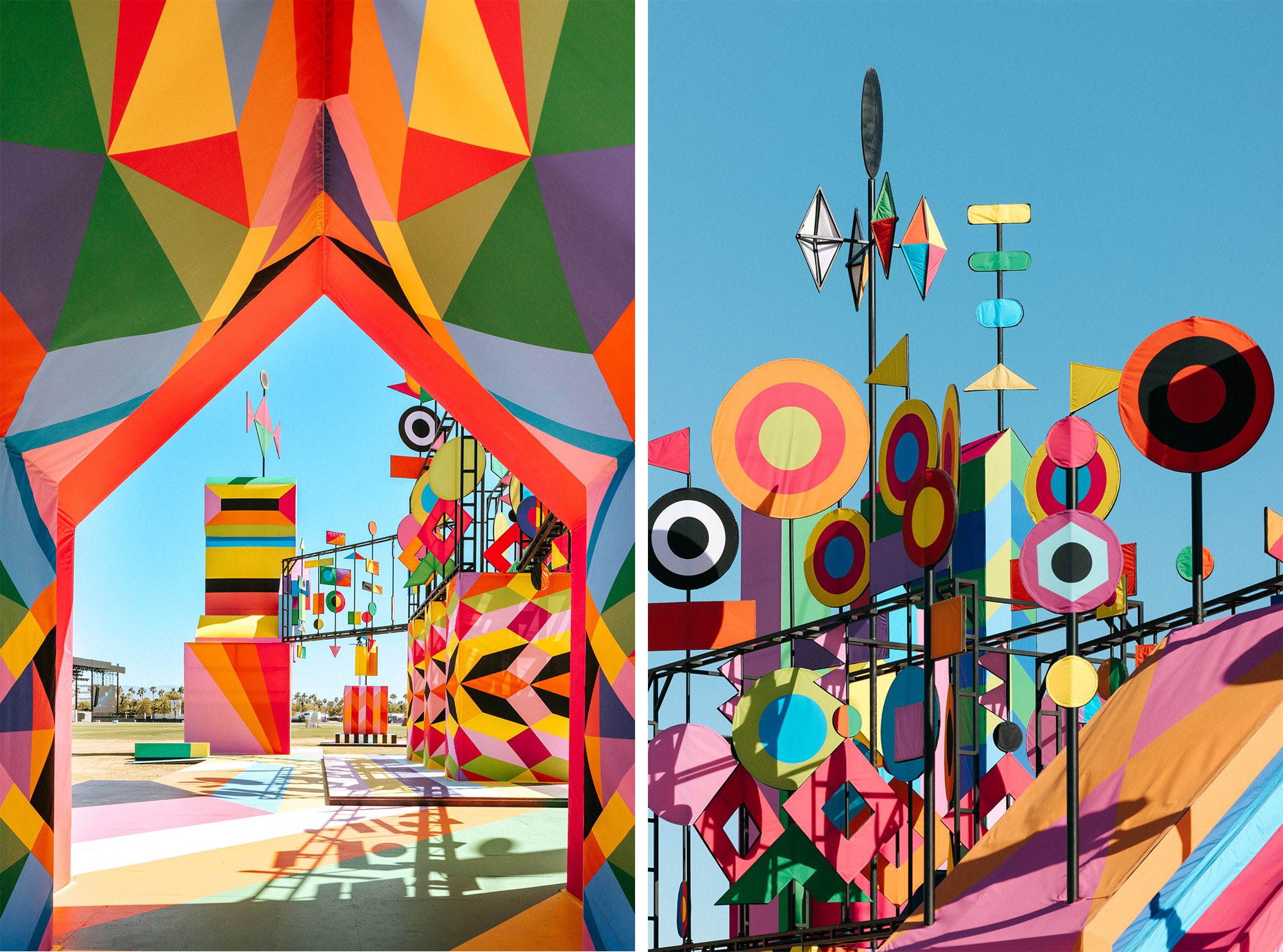 to side-by-side images of an installation at Coachella music festival with numerous geometric, colorful shapes
