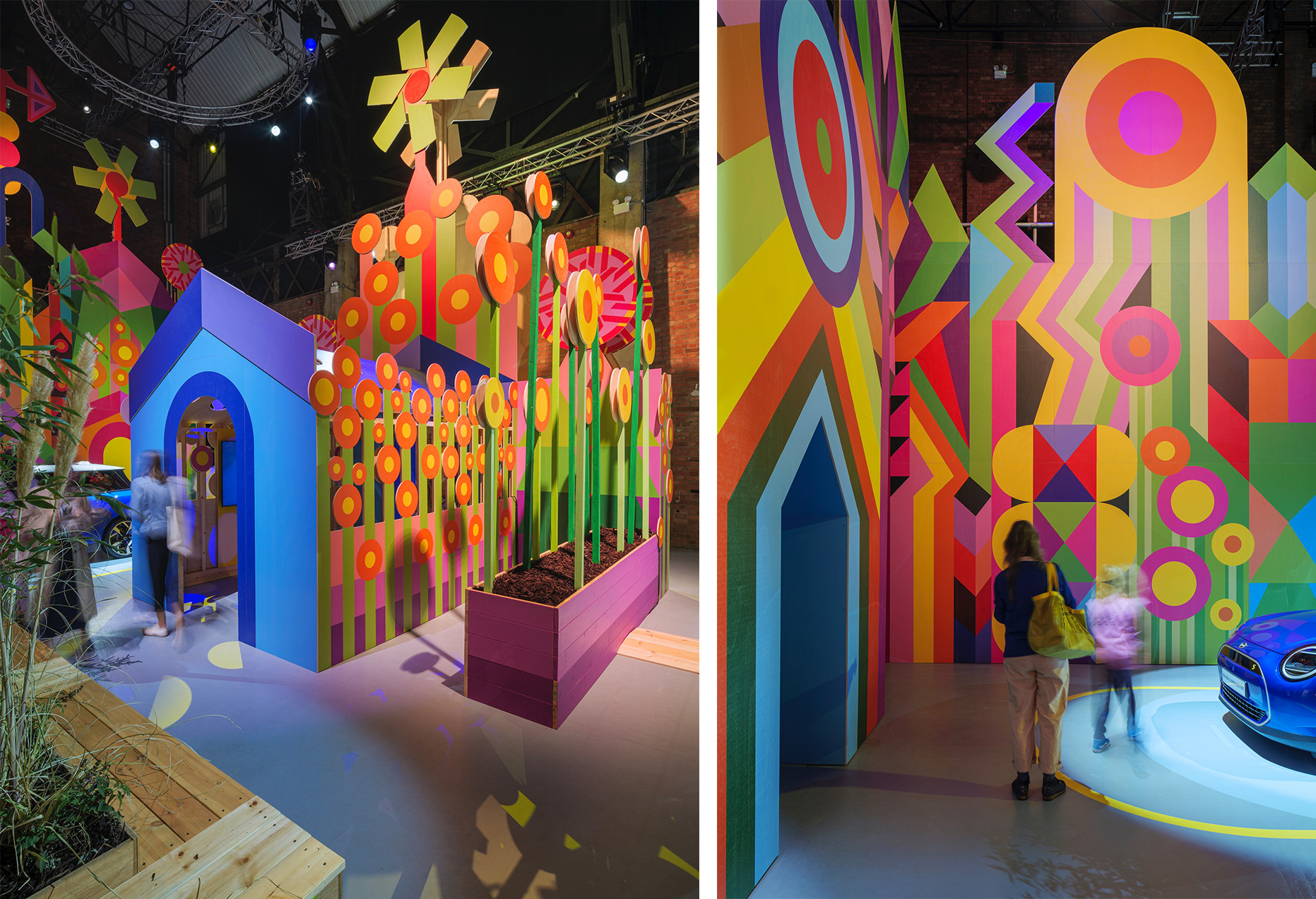 two side-by-side images of details of an installation of geometrically-painted panels with abstract flower shapes
