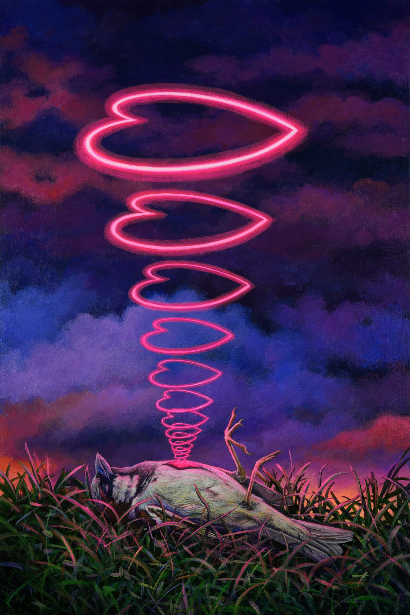 a vertical acrylic painting of a deceased sparrow with a series of neon pink hearts emanating from its chest