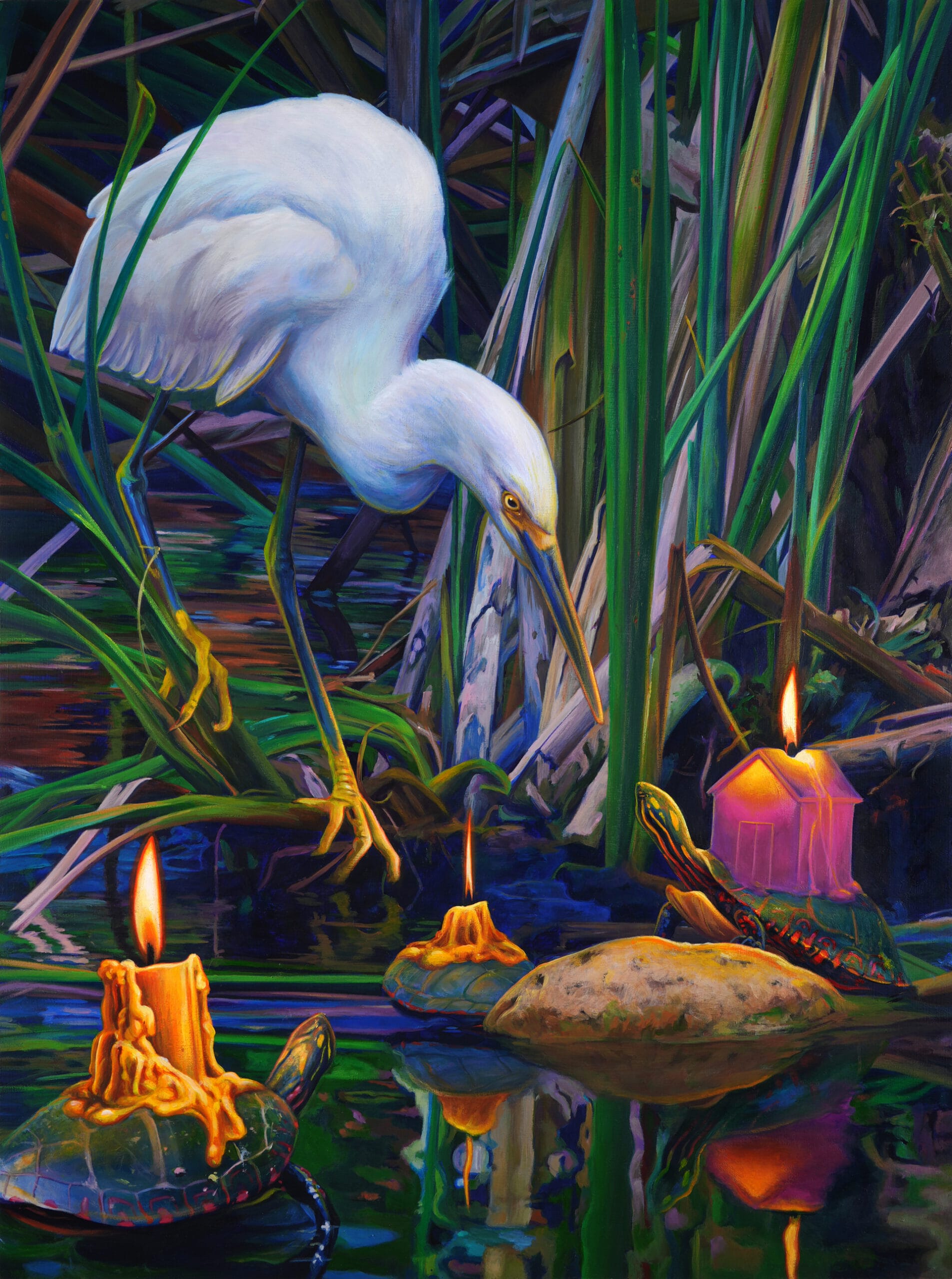 an egret at the shoreline among some reeds, glowing in the light of some candles on rocks, one of which is shaped like a house
