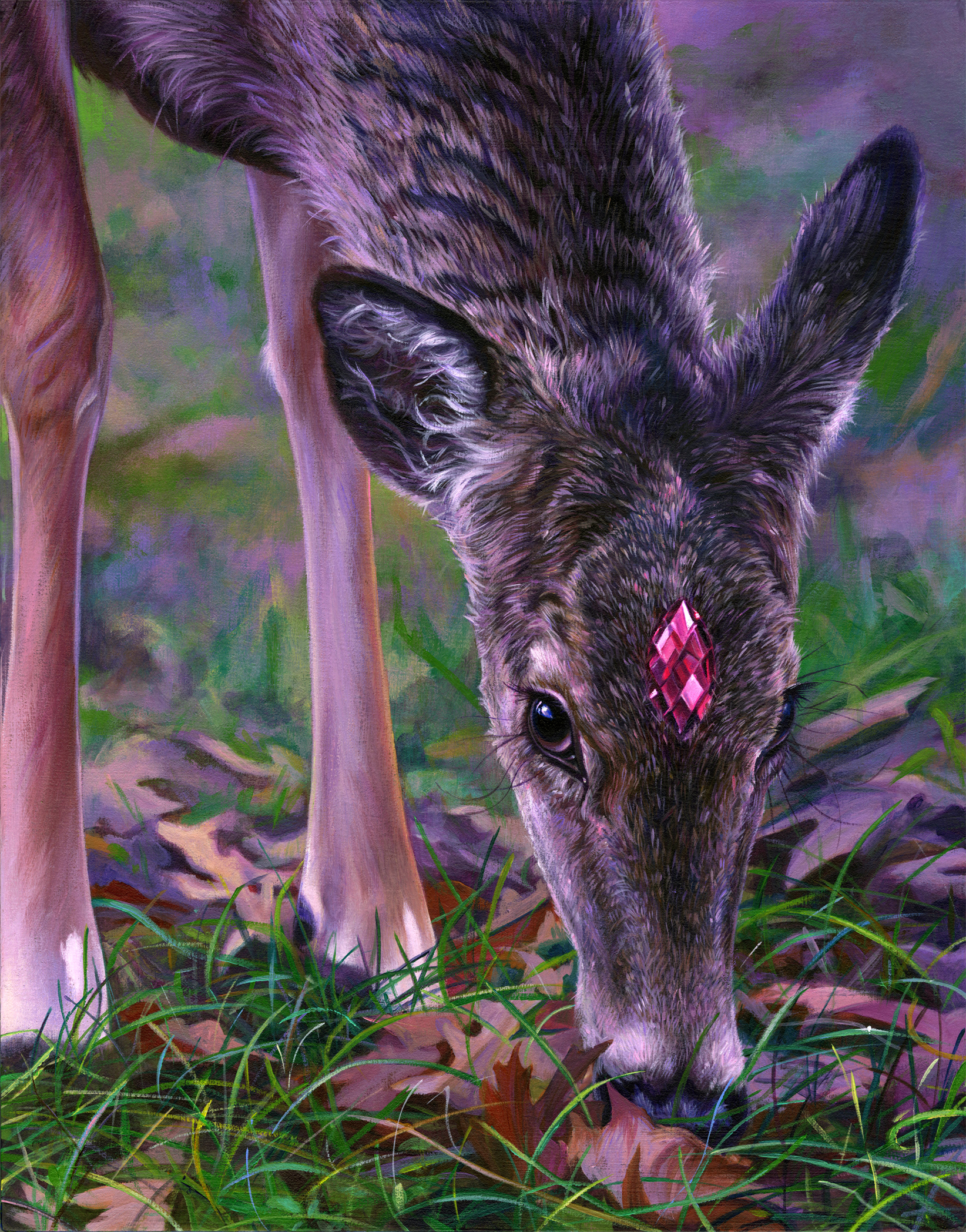 an acrylic painting of a young deer eating grass, looking at the viewer, with a pink crystal on its forehead